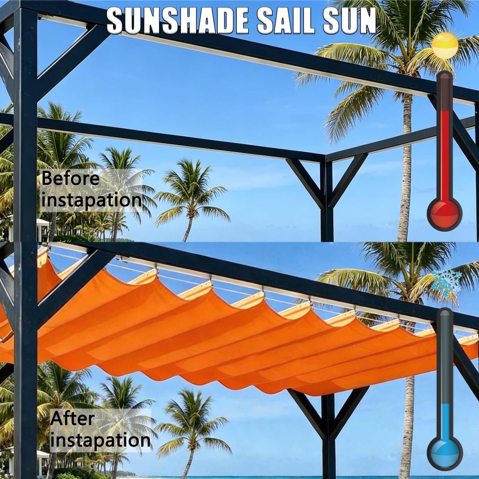 Rozwijany Żagiel Przeciwsłoneczny Wave 160 x 380 cm Wodoodporne, Blokada UV W 95%, Z Linką, Łatwy Montaż Rozwijana Falista Markiza Baldachim Pergola Do Pergoli, Werandy, Pomarańczowy