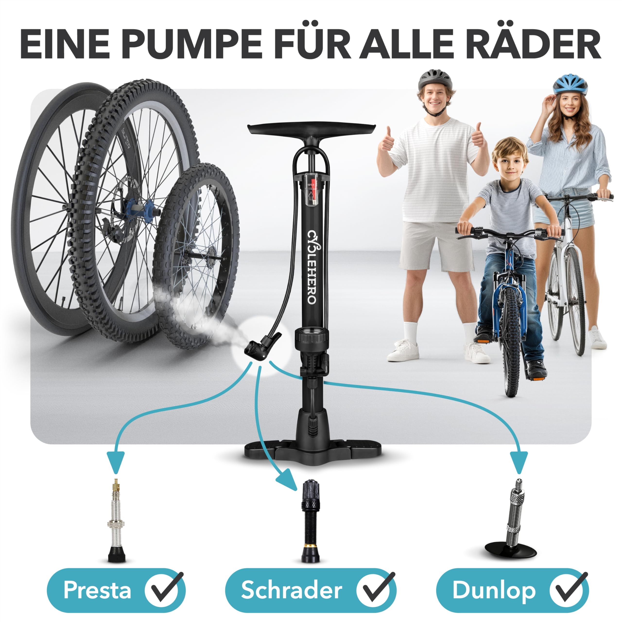 Fahrradpumpe alle Ventile **Test SEHR GUT + 10 Jahre GARANTIE** Leistungsstarke Fahrrad Pumpe Luft – Fahrrad Luftpumpe Französisches Ventil - Luftpumpe Fahrrad Standpumpe mit Manometer Standluftpumpe