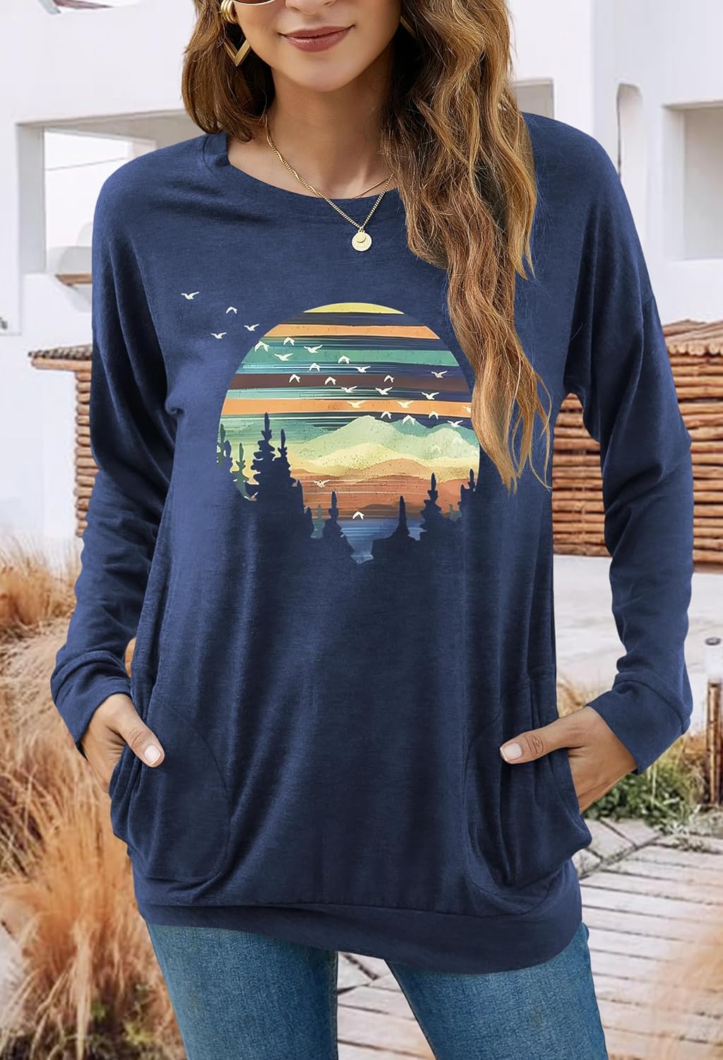 Hount Womens Casual Loose Fit Shirts Long Sleeve Comfy T-Shirts Pullover Sweatshirts With Pockets - Image 4