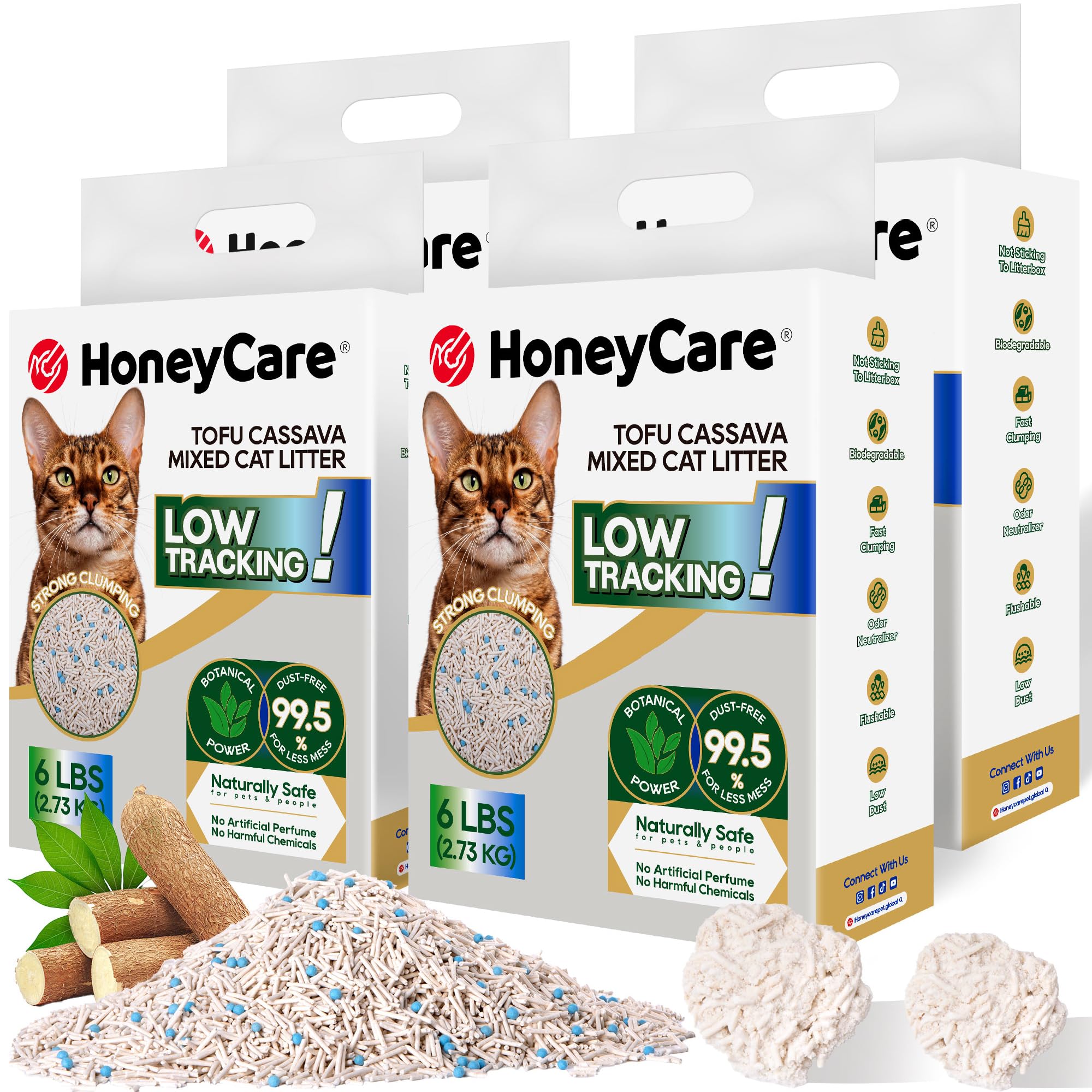 HoneyCare Cassava Tofu Mixed Cat Litter I Quick Clumping, Odor Control, Plant-Based Natural Ingredients, Non-Stick, Low Tracking, & Low Dust, 24 Lbs (4 Packs)