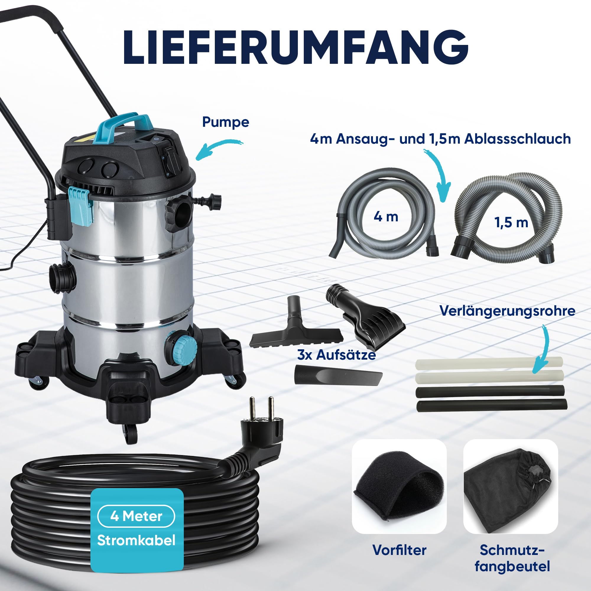 TEICHER Teichsauger Schlammsauger Groß [Neues Modell] – 1200 Watt Pumpsauger 35 Liter | Teichschlammsauger mit Wasserrückführung | Algensauger Mulmsauger Wassersauger mit Pumpe