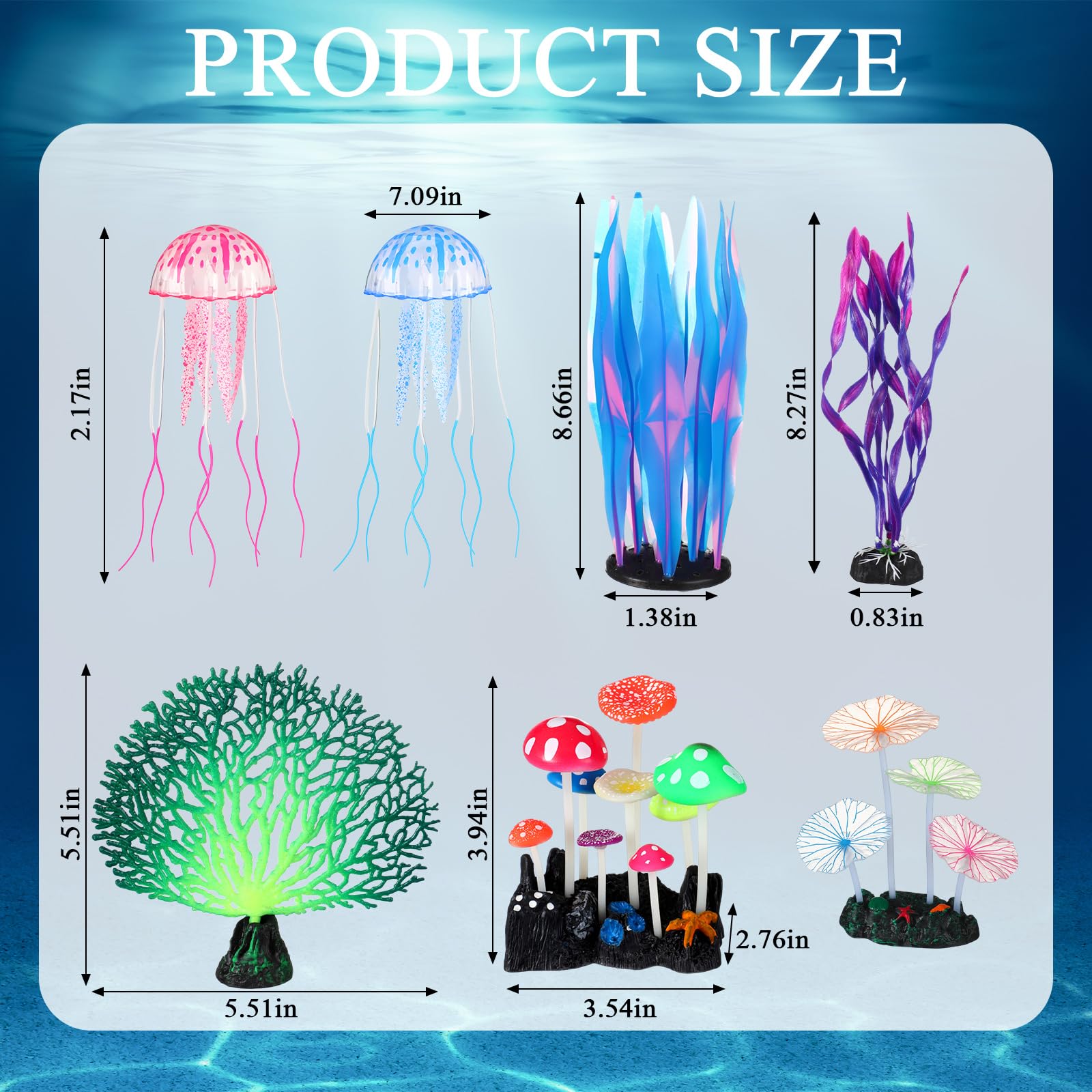 Frienda Lot de 8 plantes lumineuses pour aquarium avec 2 styles de varech, anémone de mer, corail artificiel, méduse, feuille de lotus, champignon pour aquarium (bleu, rose)