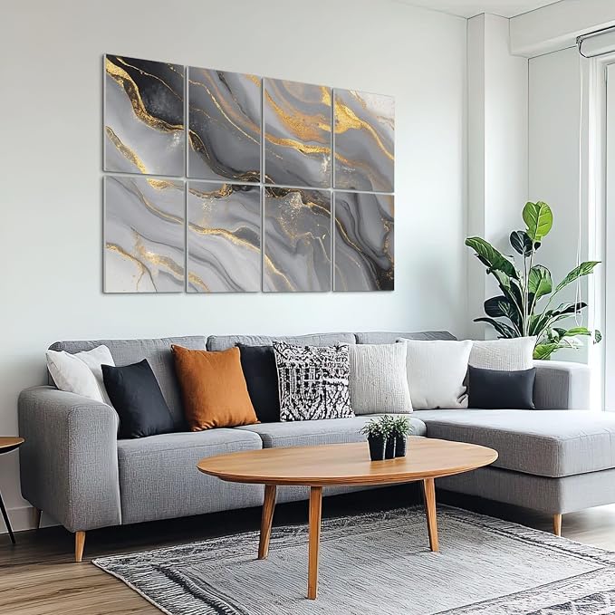 Paneles Acústicos Artísticos en Pack de 8, Absorción de Sonido, Tonos Mármol Gris y Dorado, Líneas Suaves y Fluídas, Textura Lisa, Paneles Decorativos Autoadhesivos para Estudios de Grabación y Oficina 48"x32" miniatura 6