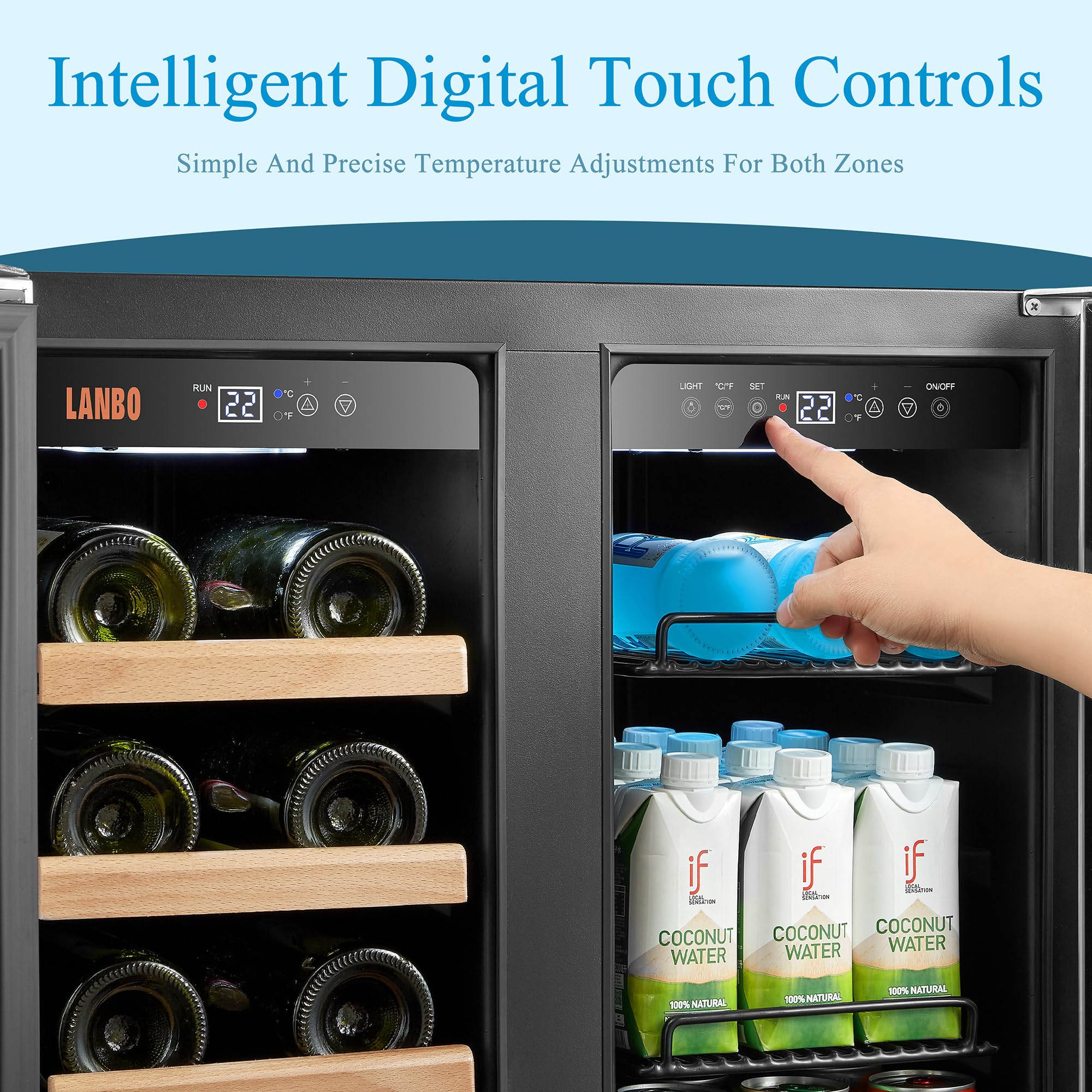Lanbo 24 Inch Dual Zone 18 Bottle Wine and 55 Can Beverage Cooler, Stainless Steel and Glass with French Door on Fridge.com