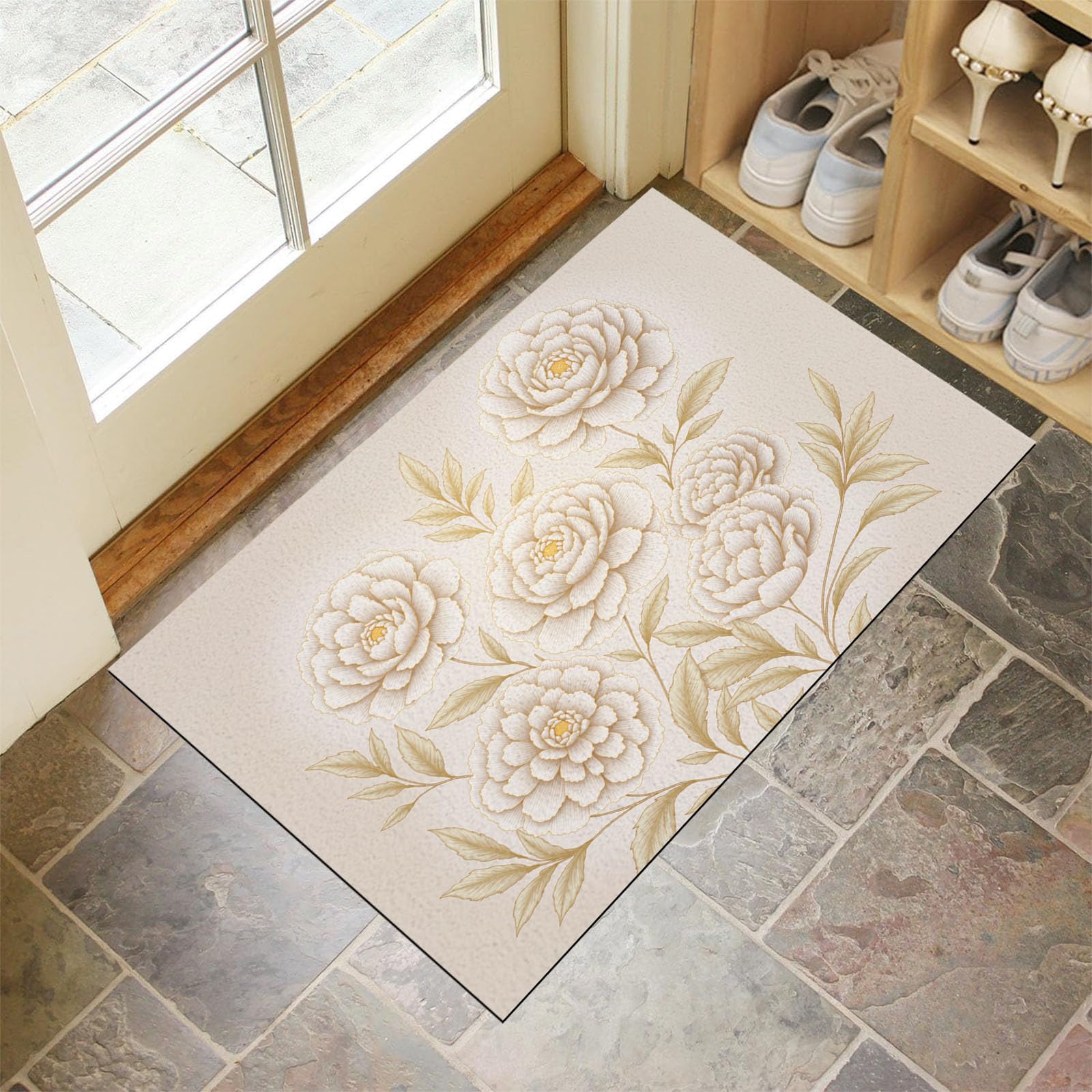Paillasson lavable en machine antiderapant tapis entree pivoine beige