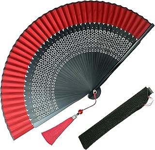 Foldable Chinese Silk Bamboo Fans - Handheld Decorative Fans for Party, Dancing, Wedding, Decoration, Cosplay, Gifts (Small, ca. 8.27 in, Black and Red)