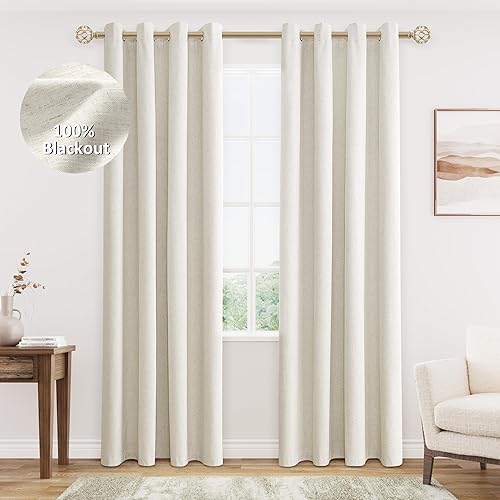 Cream Linen Blackout Curtains 84 Length 2 Panels Set for Living Room Bedroom, 100% Black Out Thermal Insulated Linen Drapes, Room Darkening Grommet