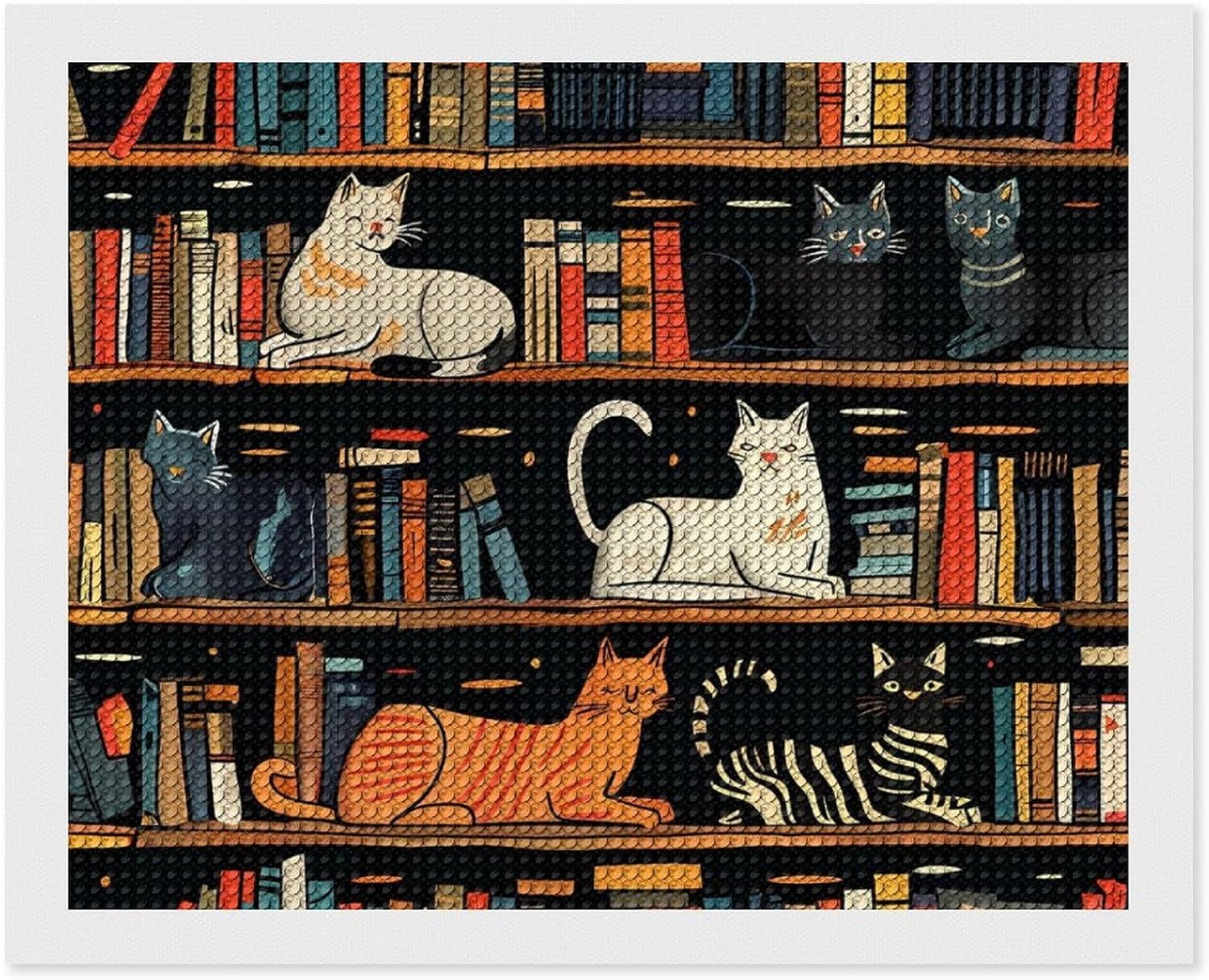 Nestaura Library Cat DIY Diamond Paintings by Number Kits for Adult and Child, 16""x20"" Inches Round Resin Full Drill Diamond Kits Crystal Art Rhinestones Kits Library Cat-1