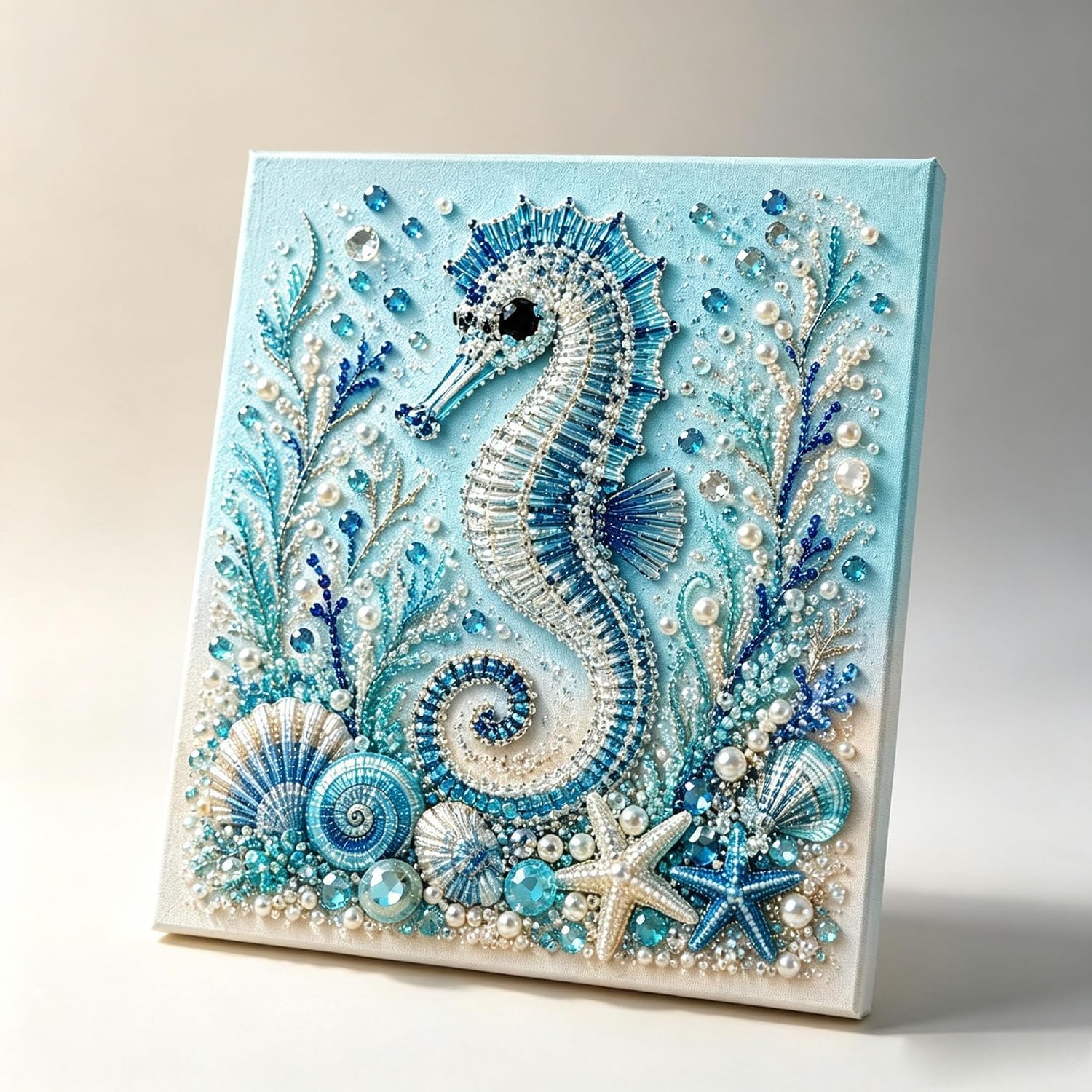 Ocean Theme Pearl Art DIY Kit,3D Sparkling Coastal Wall Decor with Blue Octopus, Seashells, Starfish & Rhinestone Accents, Relaxing Craft for Adults,Beach Lovers，Seahorse