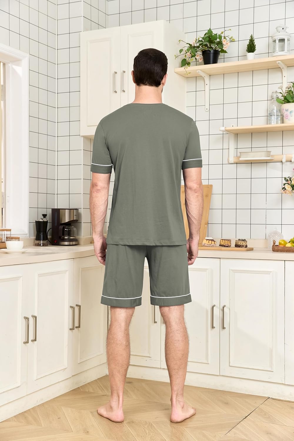 COLORFULLEAF Men's 100% Cotton Pajama Set Short Sleeve Button Down Sleepwear Soft V-neck Lounge Pjs with Pockets - Image 3