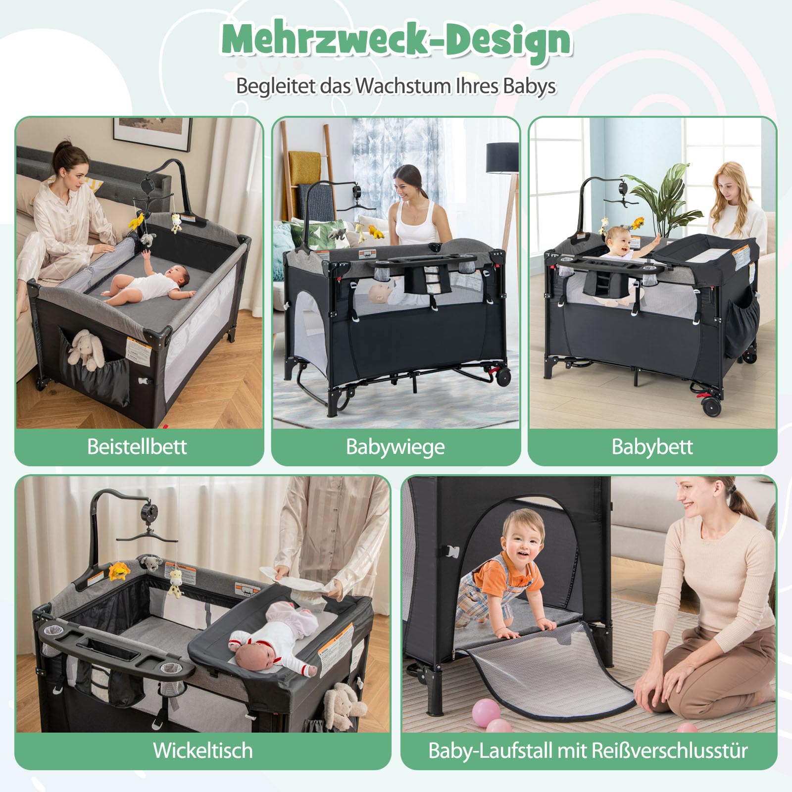 DREAMADE 5 in 1 Reisebett Baby, 120 x 60cm Beistellbett mit Matratze & Wickeltisch, Spieluhr & Spielzeug, höhenverstellbares Babybett für Baby ab Geburt(Dunkelgrau)