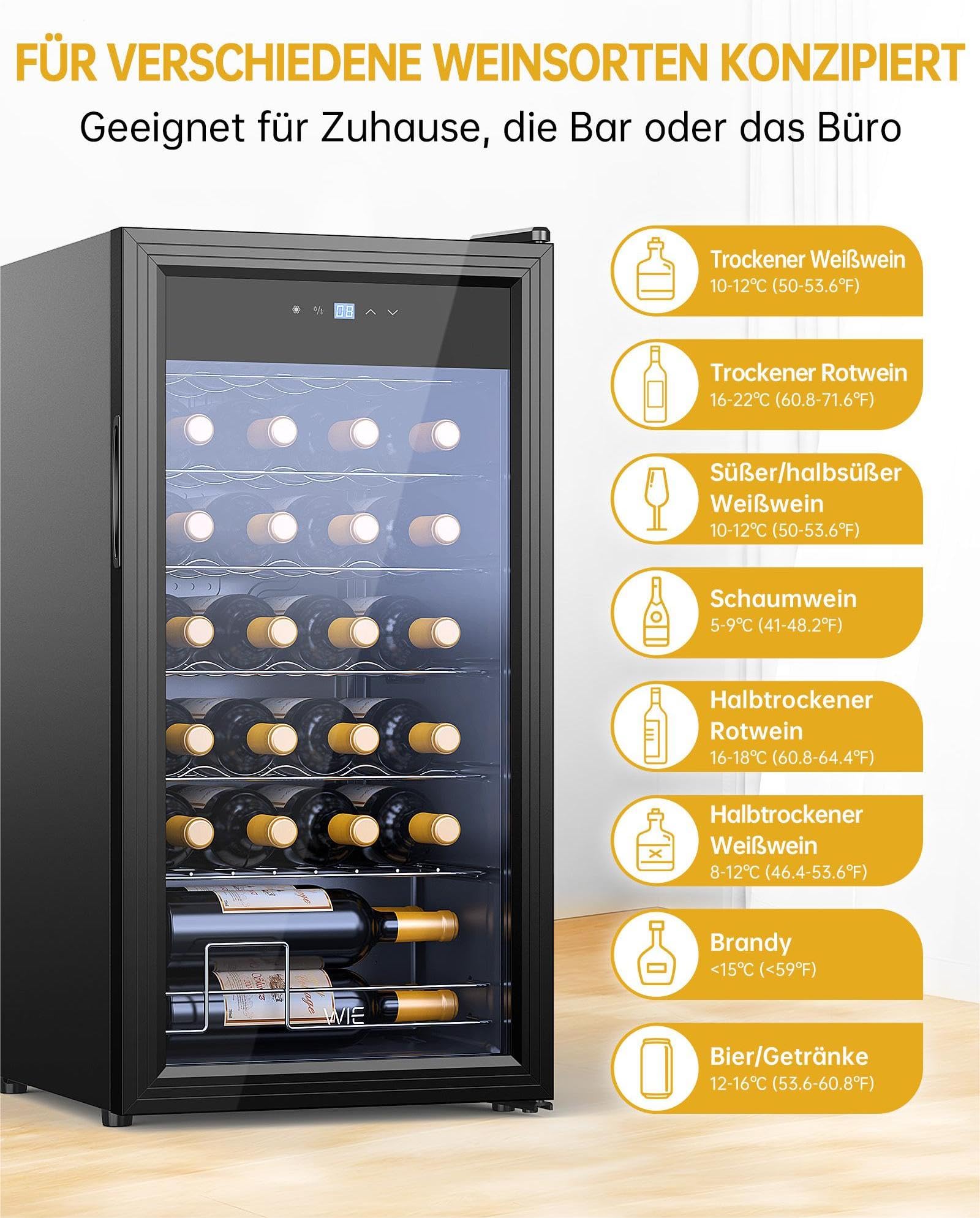 WIE Weinkühlschrank 82 Liter 28 Flaschen Compressor Glastür LED Touchpanel Anti-UV 5-18°C