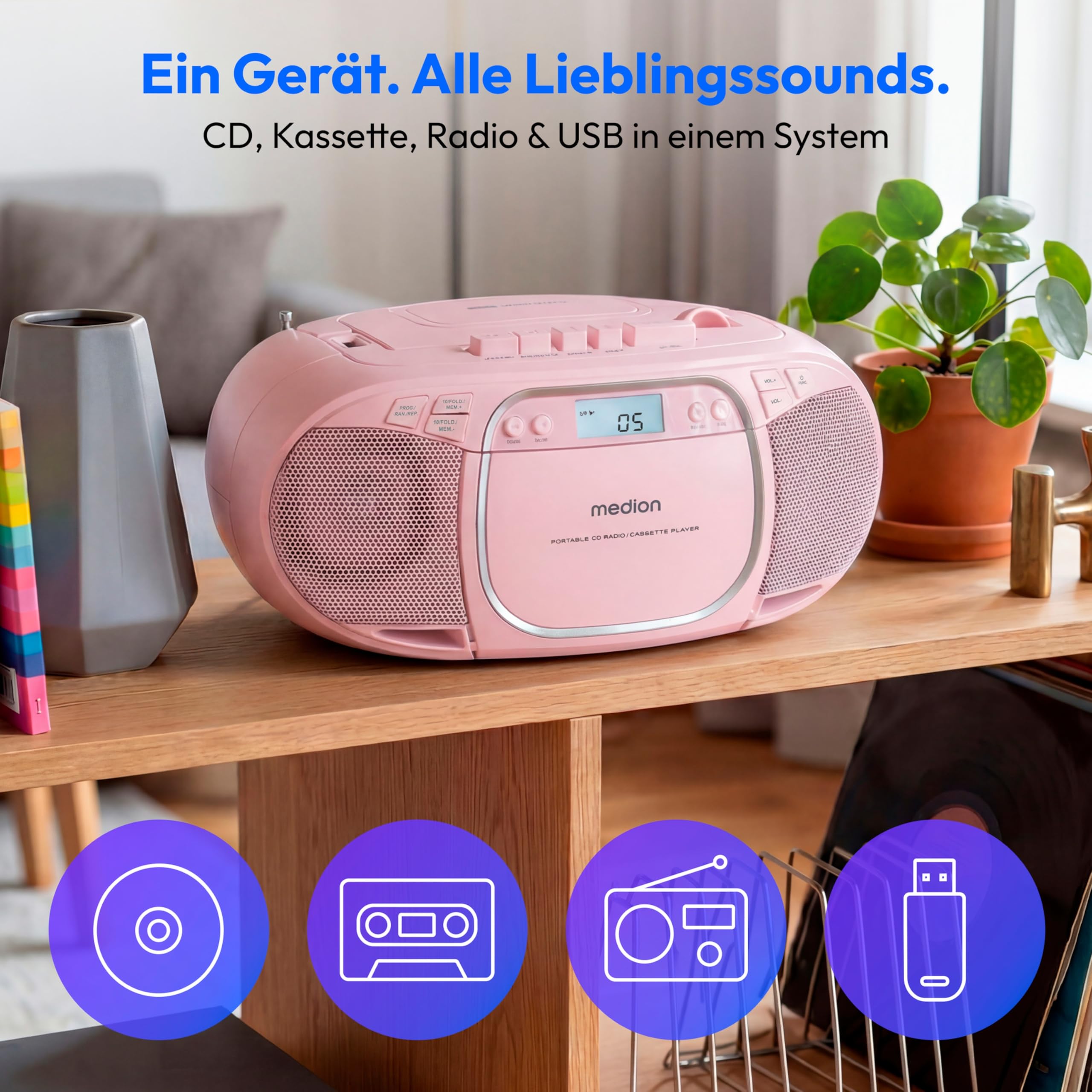 MEDION E66476 Stereo Sound System (Boombox, CD-Player, MP3, Kassette, tragbarer Kassettenspieler für Kinder, UKW Radio, AUX, Kopfhörer, Netz & Batterie) Pink