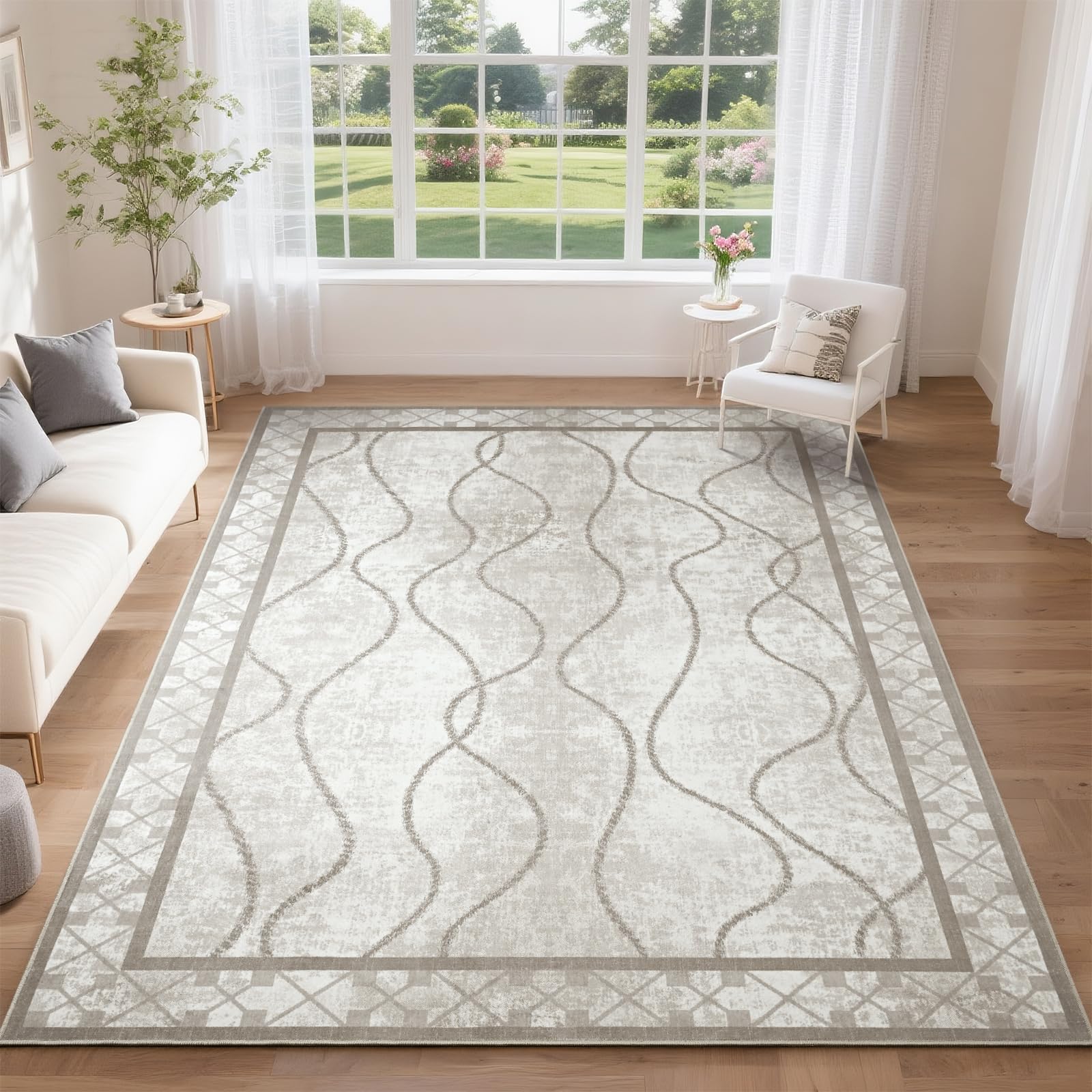DweIke 8x10 Area Rugs for Living Room, Machine Washable Bordered Rug for Bedroom, Luxury Rubber Backing (Non-Slip) Low Pile Throw Carpet for Dining