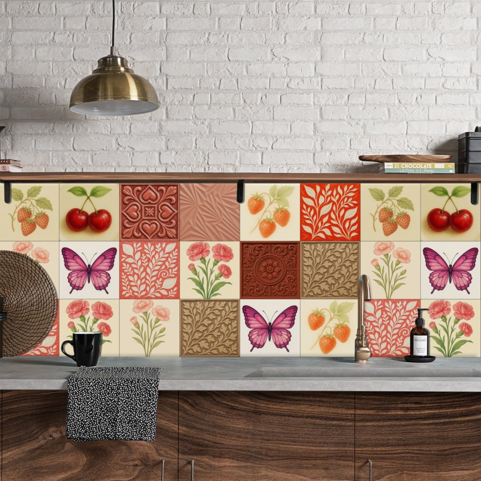 Tile Stickers Butterfly Fruit Green Stick on Kitchen Tiles Self Adhesive Wall PVC Peel and Covers Transfers Oil-Proof Splashbacks for Walls Removable 15x15cm/24 Pcs