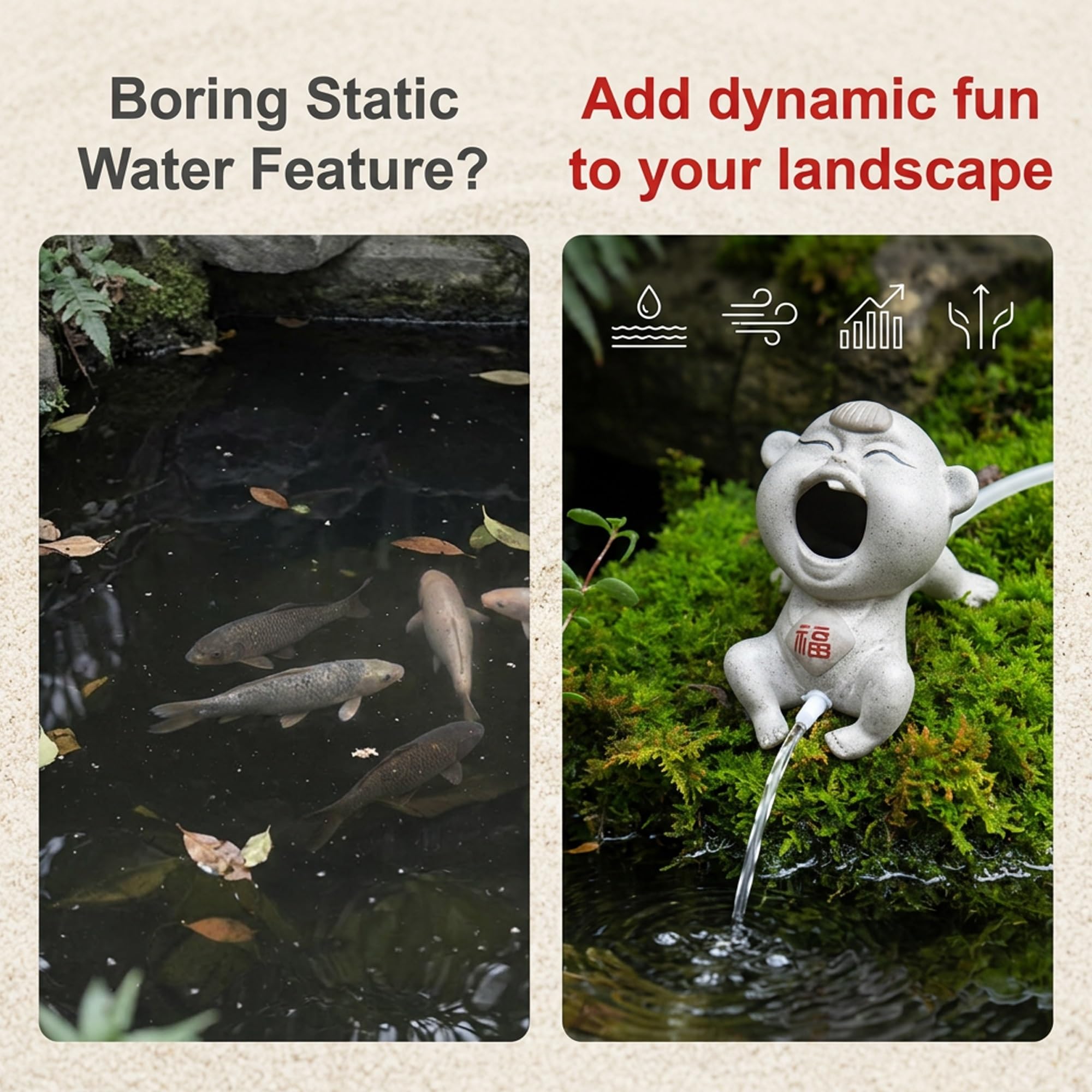Estatua fuente con surtidor para estanques pequeños (16 cm), elemento acuático de jardín para estanques de carpas koi, ideal para paisajismo y aireación del estanque