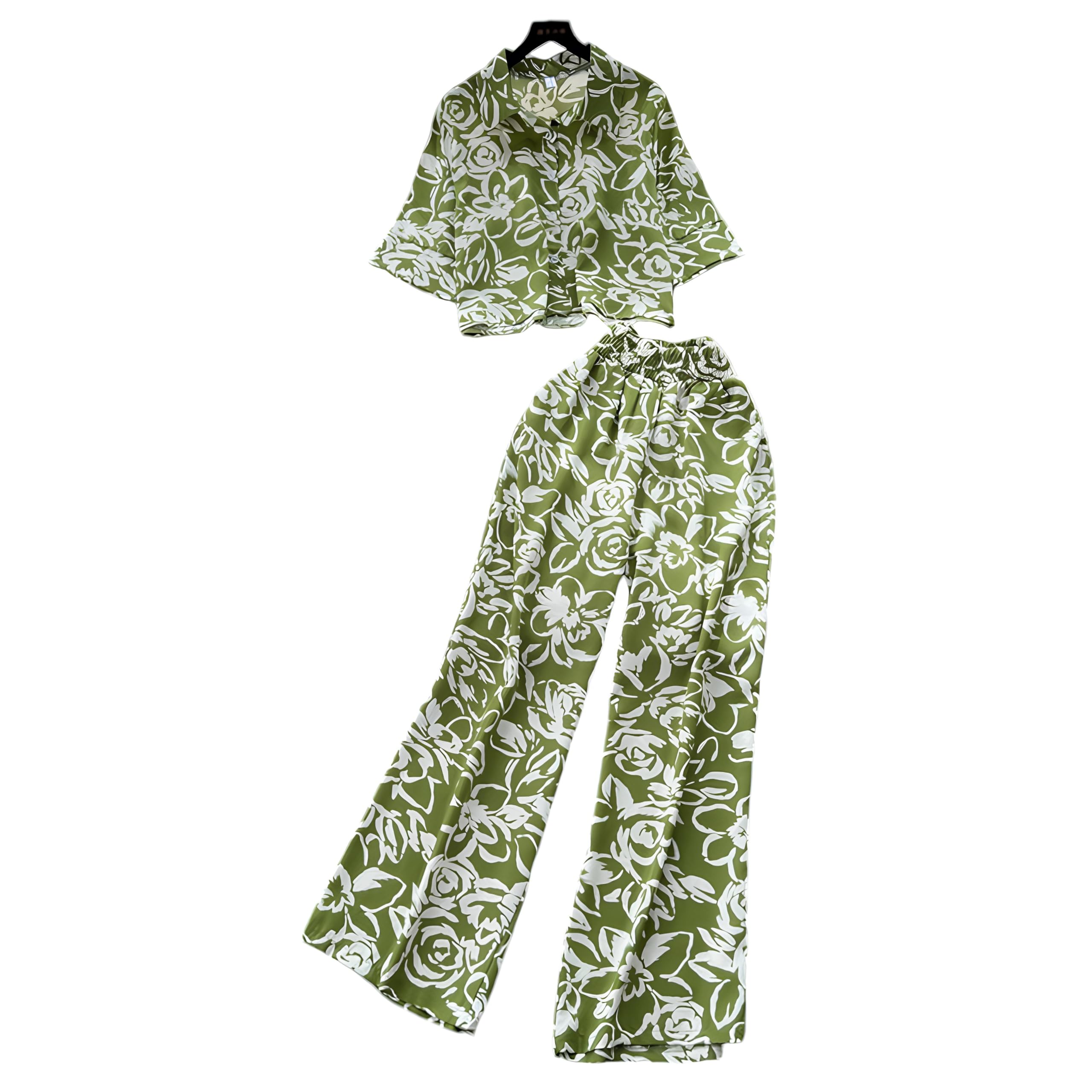 Gufrina Women For Co Ord Set|| Oversize Shirt|Shirt Collar Top| Flora Co-Ord Set For Women Print|Button-Down Casual Wear For Women| Wide-Leg Pants| Casual Wear For Women (Mehandi S)