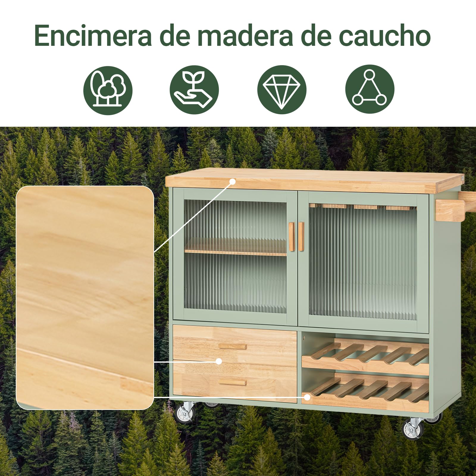 SoBuy Carrito de Cocina con Ruedas y Puertas de Cristal, 109x92x40 cm | Isla de Cocina con encimera, 2 cajones, botellero 10 bot./8 copas, carga de 90 kg, MDP/PB, para cocina, FKW114-GR