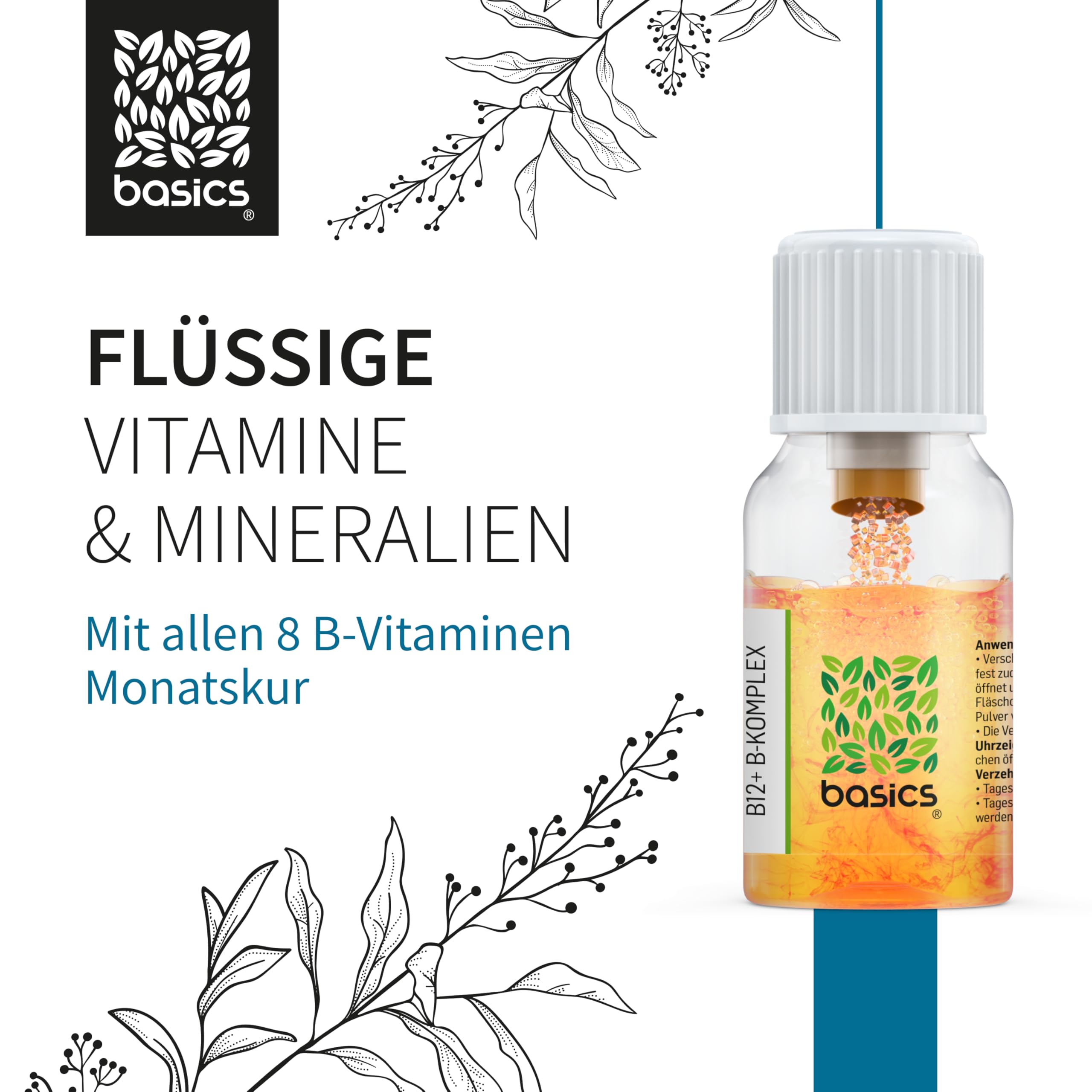 basics B12 + B-Komplex mit allen 8 B-Vitaminen - Hochdosiert mit 500mcg Vitamin B12 - für mehr Energie und Unterstützung des Nervensystems - 30 Trinkflaschen - 10ml pro Tagesdosis – Vegan - 4er Pack