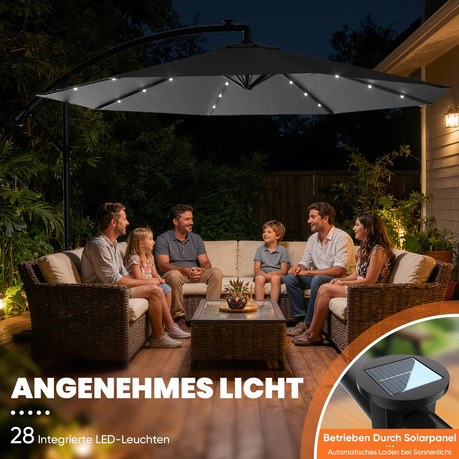 Huracan parasol déporté avec pied & couverture, solaire LED grand parasol à manivelle, pivotant à 360°, aluminium pliable, protection UV, inclinable, pour balcon, terrasse, jardin