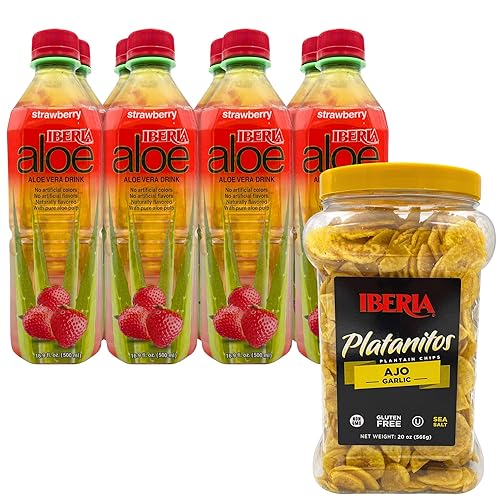 Iberia Chips de plátano y ajo, 20 onzas + bebida de jugo de aloe vera Iberia sabor fresa, 16.9 onzas líquidas, paquete de 8
