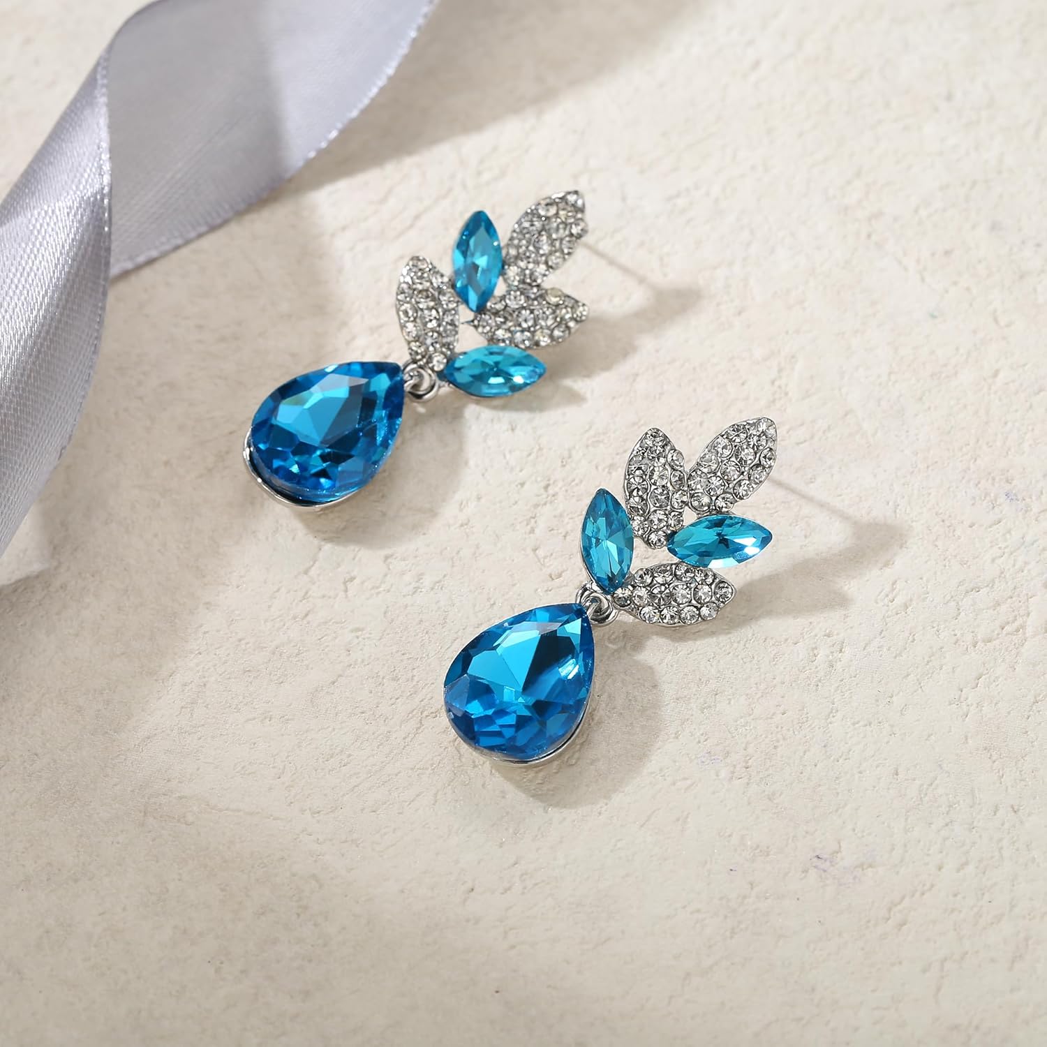 EVER FAITH Rhinestone Crystal Wedding Leaf Teardrop Pierced Dangle Earrings Silver-Tone - Image 4