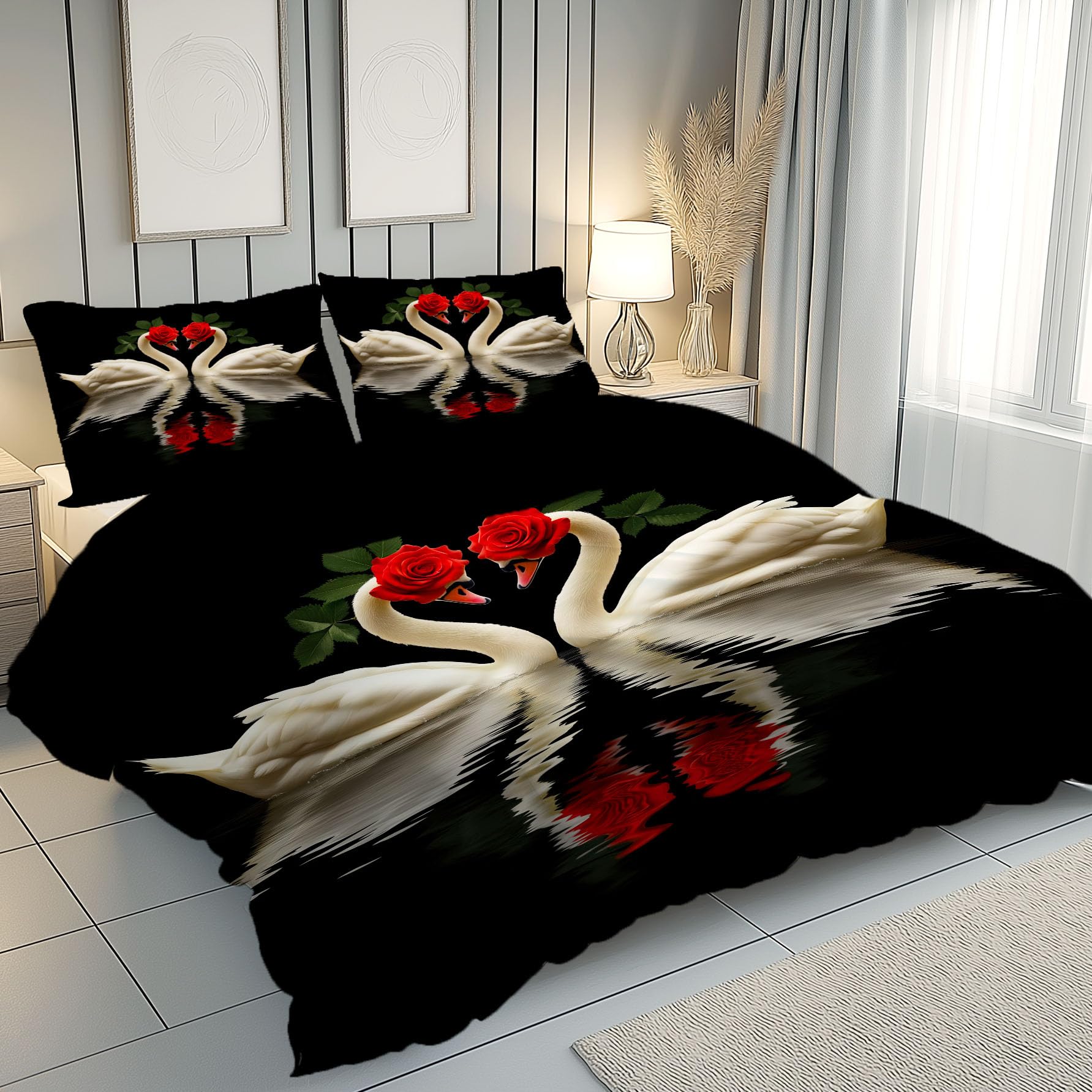 Schwan Pärchen Bettwäsche 220x240 3 Teilig, Rose Valentinstag Dekor | Wendebettwäsche, Modern Romantisch Bettbezug Bügelfrei, Trösterbezug mit Reißverschluss und 2 Kissenbezug