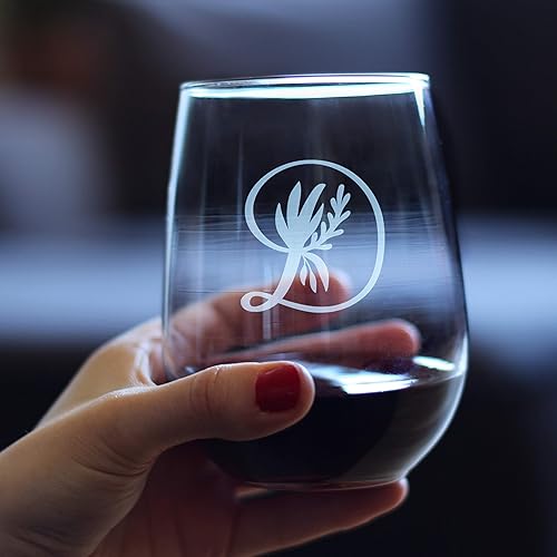 Miniatura 3 de Monogram Floral Letter D - Stemless Wine Glass - Personalized Gifts for Women and Men - Large Engraved 17 Oz Glasses