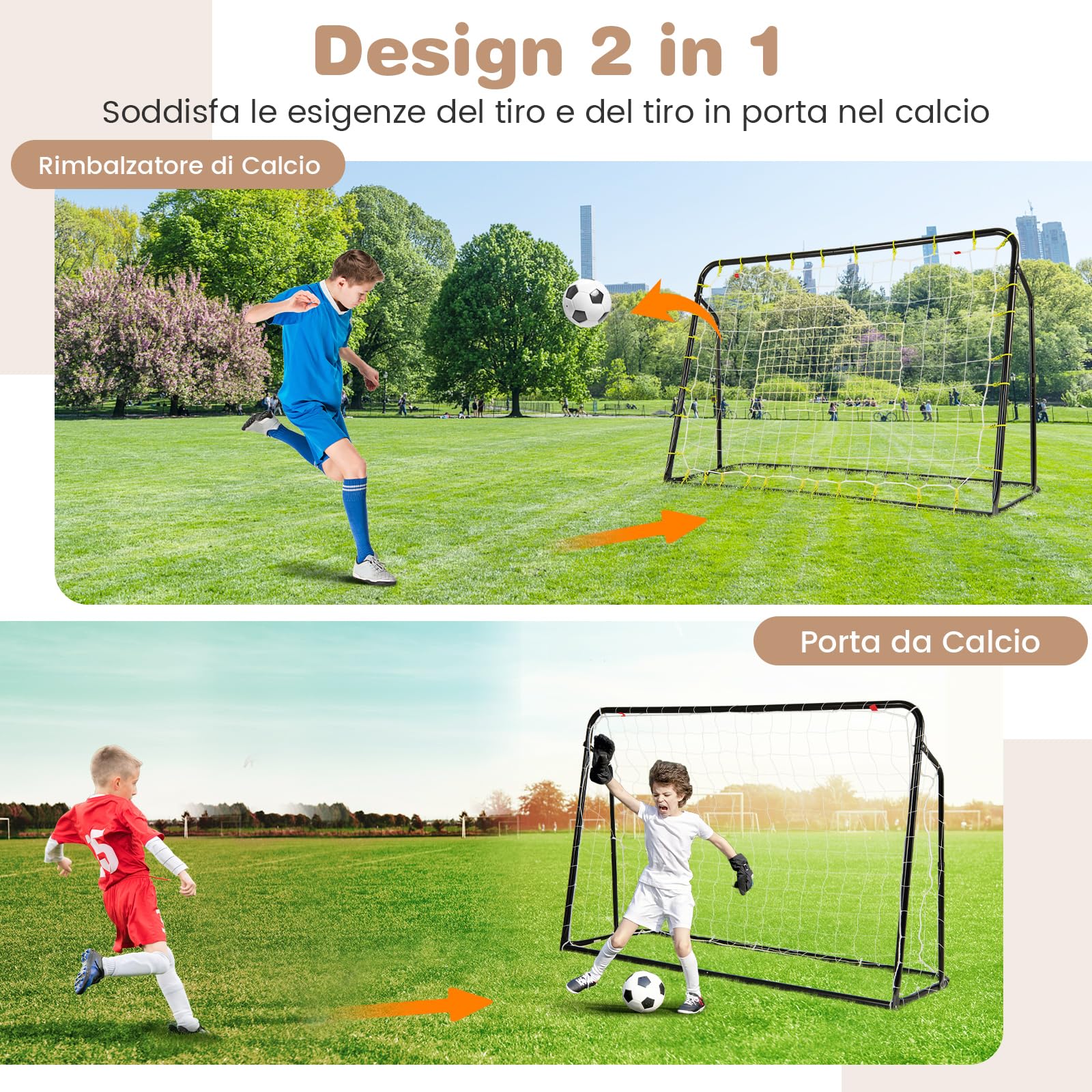 COSTWAY Porta da Calcio da Giardino, 2 in 1 Rete Rimbalzo Calcio Regolabile in 5 Angolazioni con Struttura in Metallo Zincato, Rete in PE, 4 Viti e 4 Picchetti, per Bambini e Ragazzi
