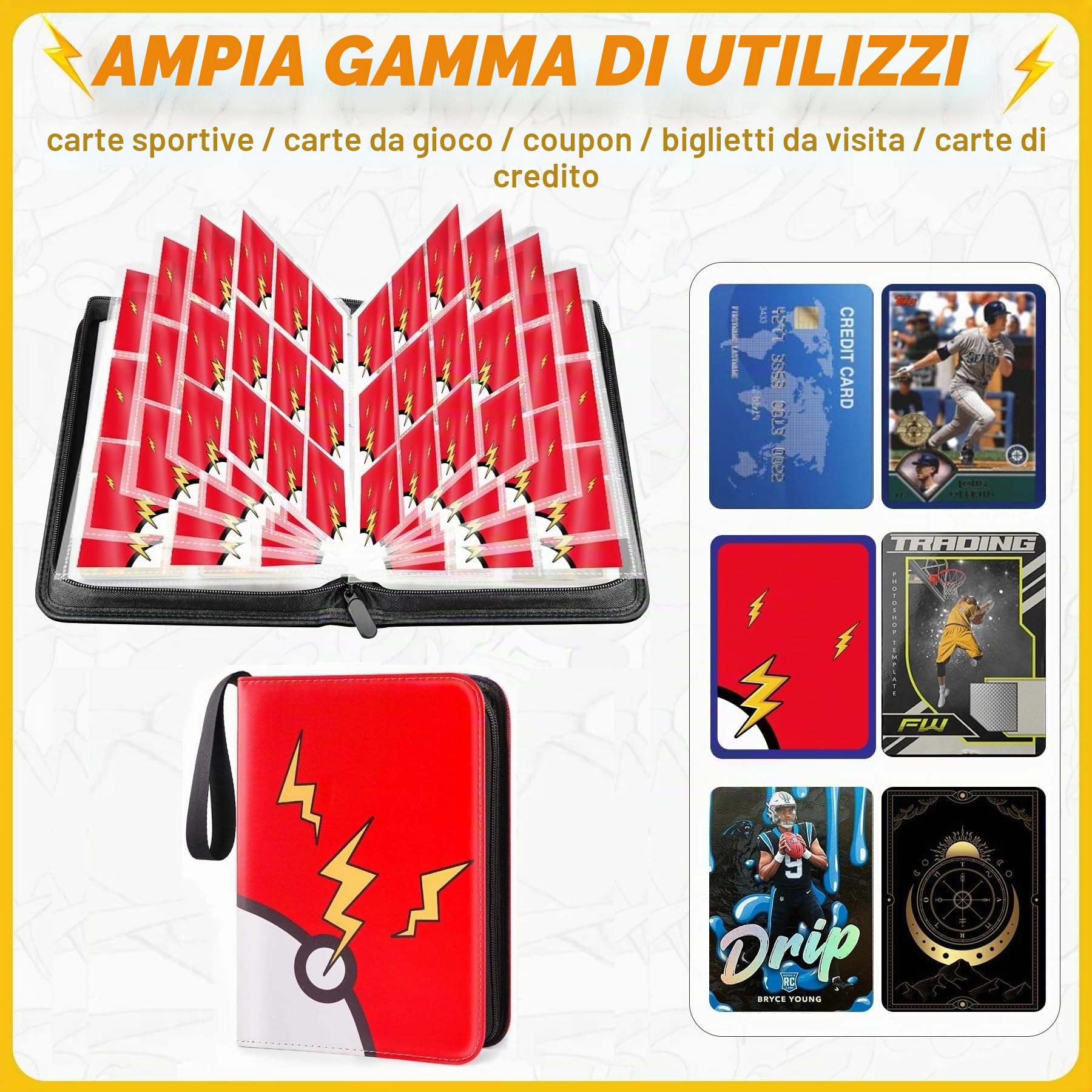 Raccoglitore Carte Pokemon 9 Tasche, Album Carte con Cerniera, PU Album Porta Carte Impermeabile, 50 Pagine, 900 Tasche
