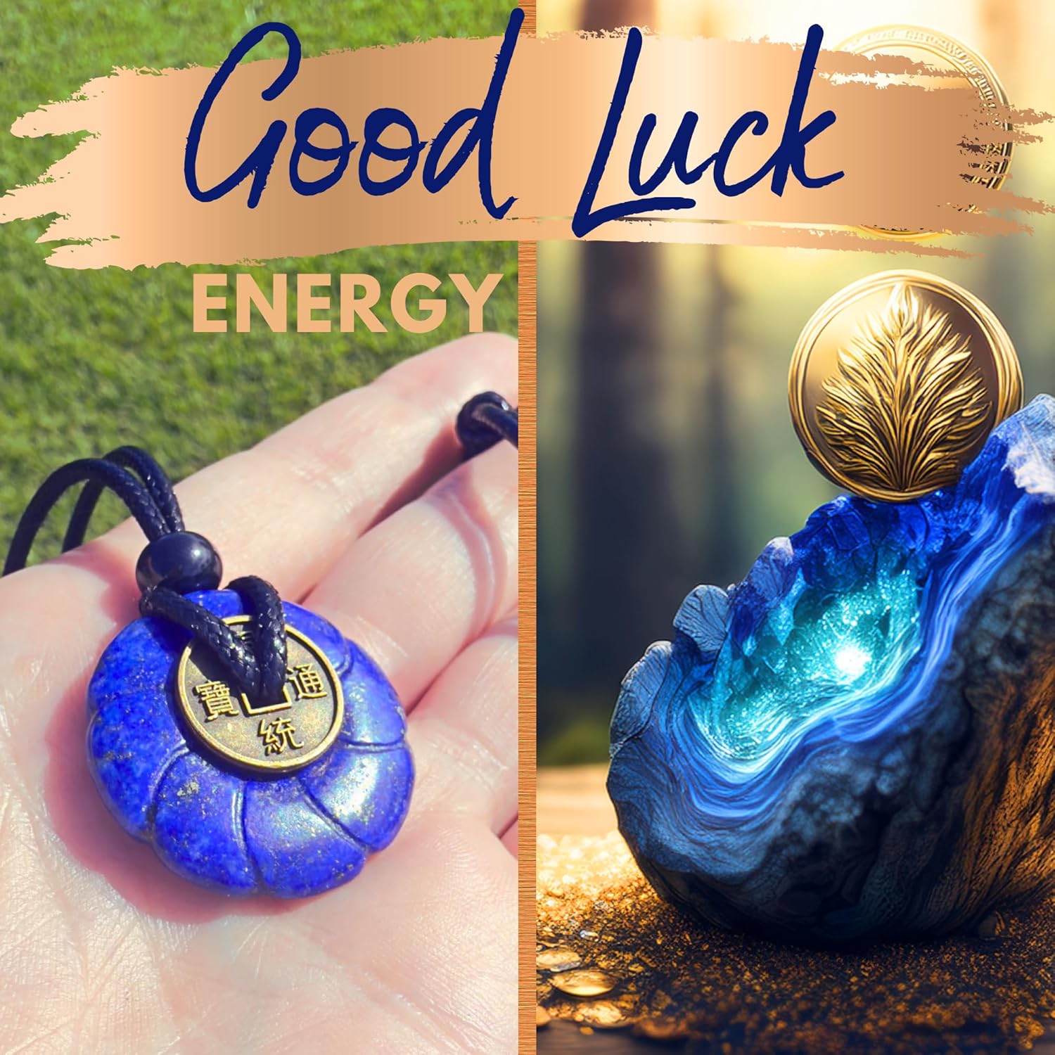 Double Lucky Celtic Lotus Donut and Feng Shui Coin Amulet Necklace - 30mm Good Luck and Protection Gemstone Pendant - Spiritual and Positive Energy Jewelry Gift for Women and Men