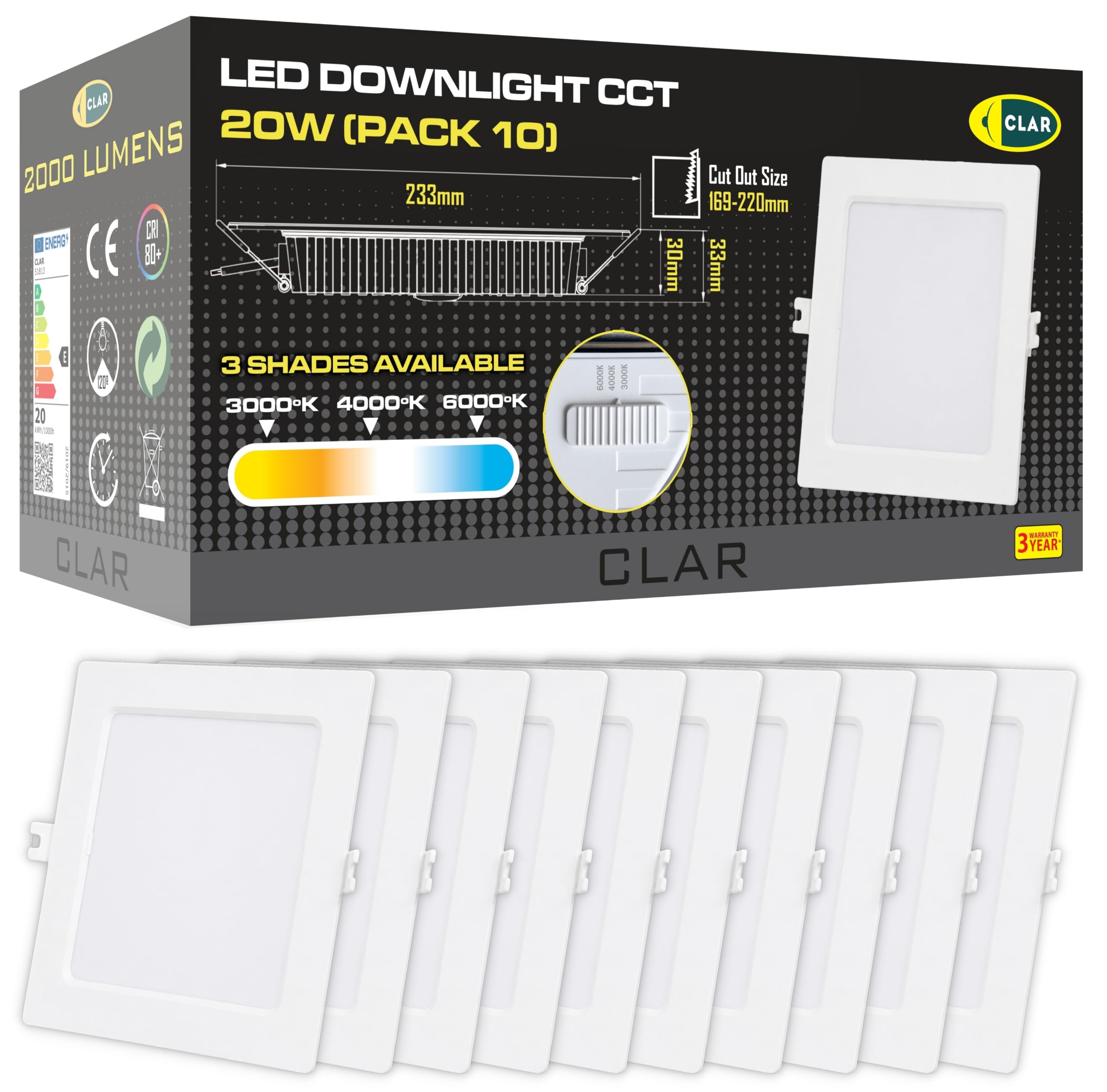 CLAR - Downlight LED Techo Cuadrado 20W, Downlight Cuadrado, Focos LED Cuadrados Empotrables, Iluminación Empotrable de Interior, 3 Tonalidades CCT (3000ºk-4000ºk-6500ºk) (Pack 10)