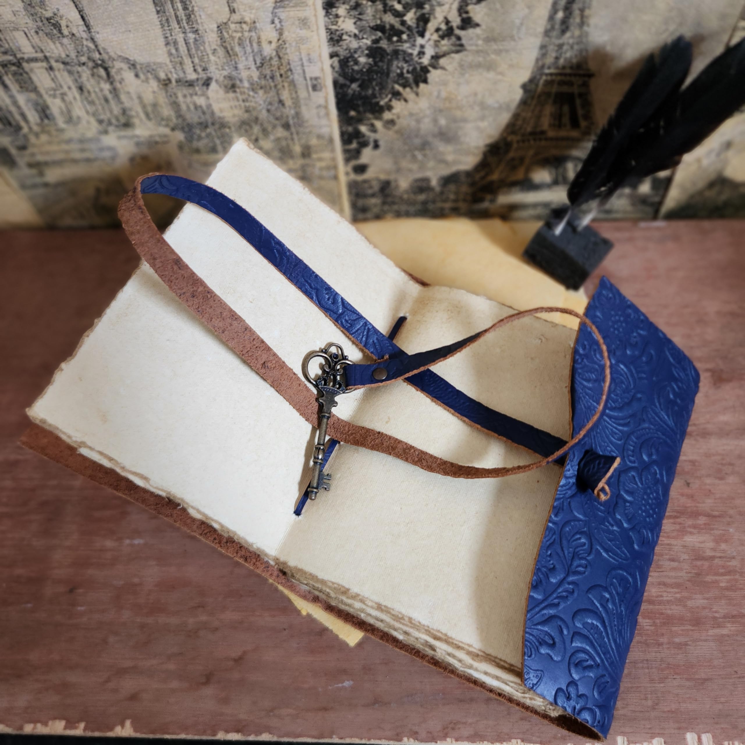 Finun-Lthr Vintage Key 8x6 Inch Leather Journal Sketchbook Notebook Guestbook Travel Journal for Women and Men 200 Vintage Deckle Page (Blue) - Image 2