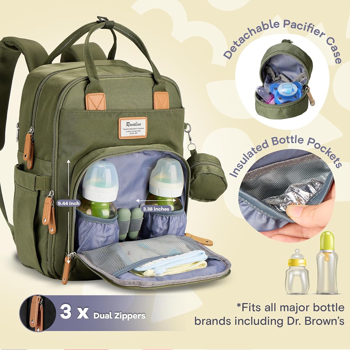 RUVALINO Diaper Bag Backpack - Multifunction Travel Back Pack Maternity Baby Changing Bags, Diaper Changing Totes, Large Capacity, Waterproof and Stylish, Baby Travel Essential, Army Green