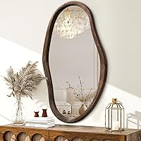 JJUUYOU 30x18 Asymmetrical Irregular Bathroom Mirror Wooden Frame Modern Wall Decor for Makeup Living Room Brown