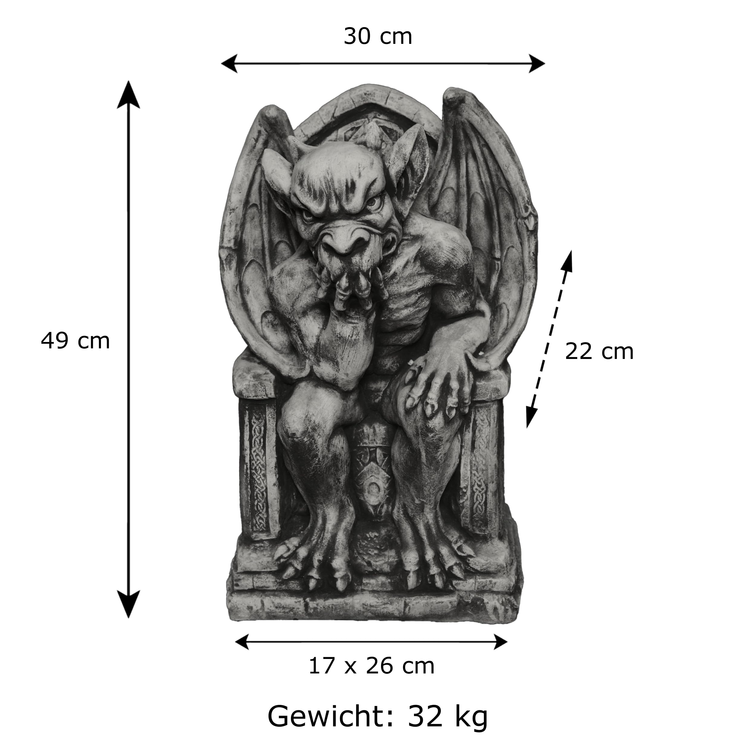 gartendekoparadies.de Gargoyle su Trono Figura Pietra H 47 cm 35 kg Grigio Ghiaccio Antigelo per Esterni