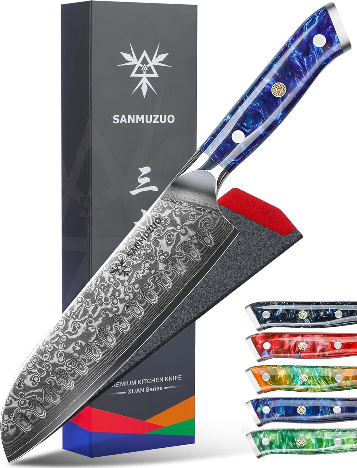 Santoku Knife - 7 inch - Xuan Series - VG10 Damascus Steel Kitchen Knife - Resin Handle (Fantasy Orange)