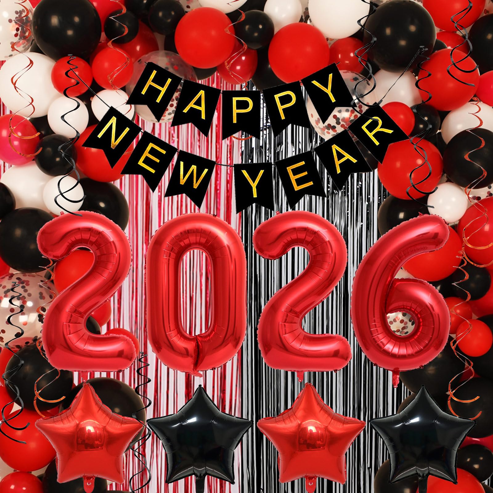 New Years Eve Party Supplies 2026 Kit - Pack of 153, Huge Red 2026 Balloons,Happy New Year Banner,Black and Red Hanging Swirls, Fringe Backdrop for NYE Decorations 2026
