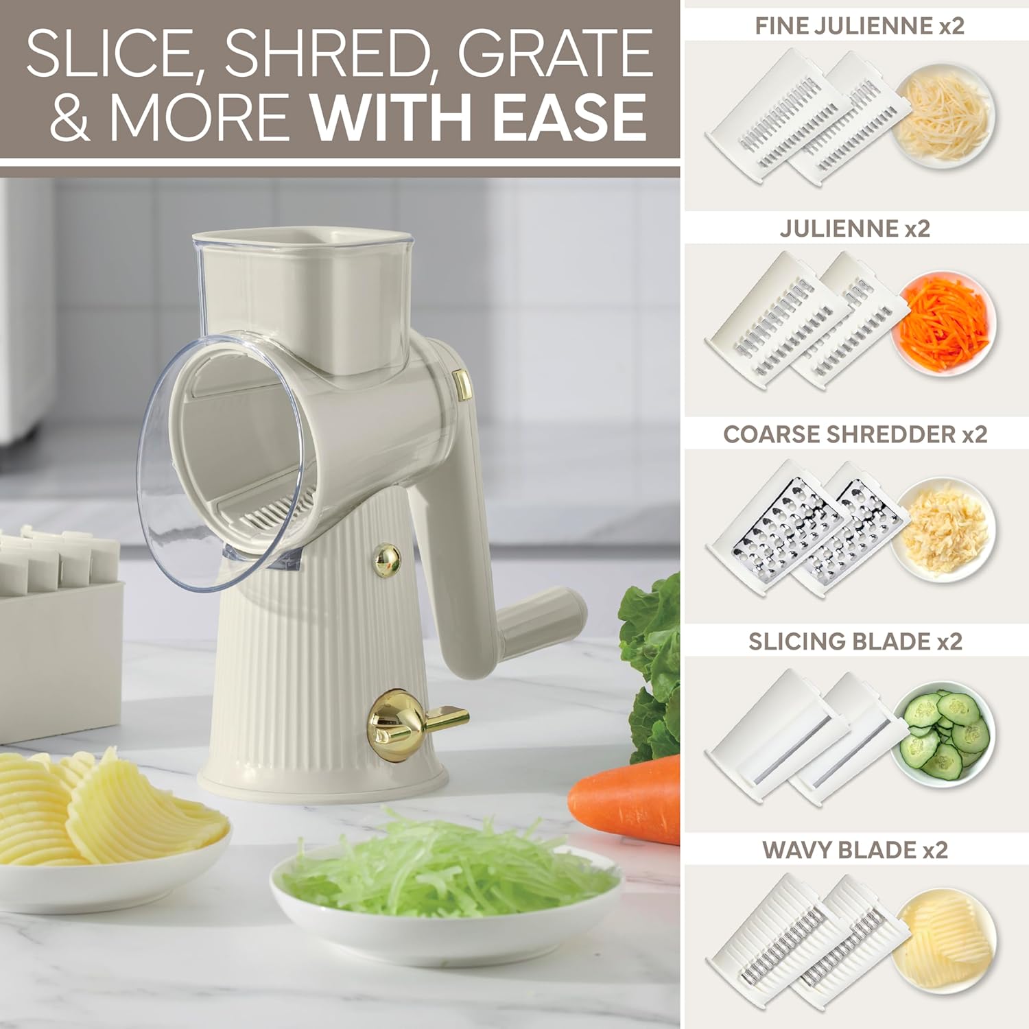 COOK WITH COLOR Rotary Cheese Grater with Handle - Counter Cheese Grater Suction Base with Hand Crank - 5 Blade Cheese Shredder - Easy to Use Manual Vegetable Chopper and Mandolin