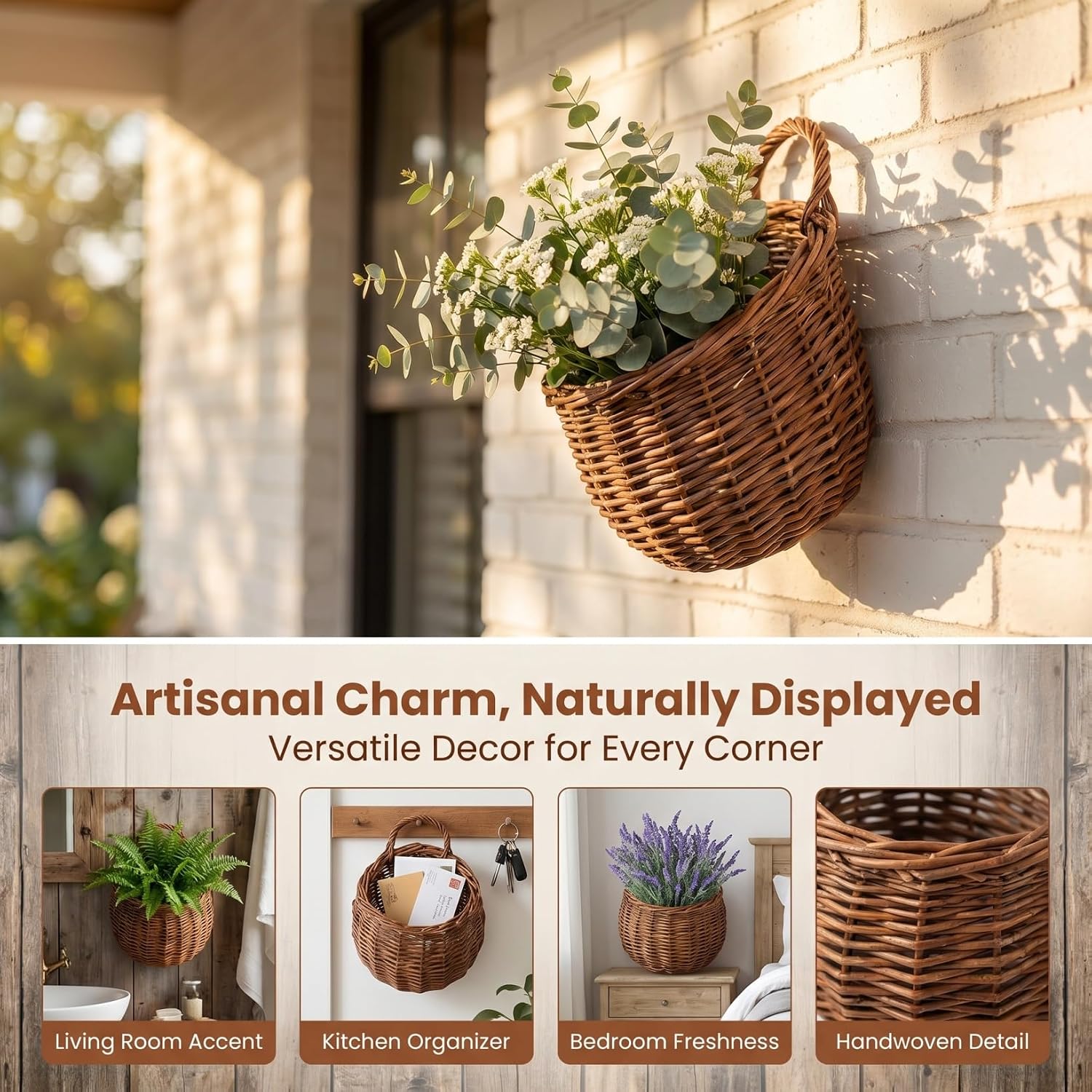 PRETYZOOM 2pcs Woven Hanging Basket for Wall, 20cm Small Wicker Wall Hanging Planter, Decorative Rustic Flower Pots for Farmhouse Indoor, Outdoor Garden, Yard, Fence