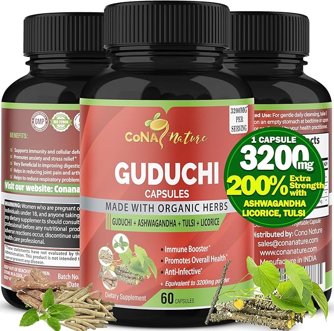Organic Giloy Guduchi Capsules 3200mg & Ashwagandha, Licorice, Holy