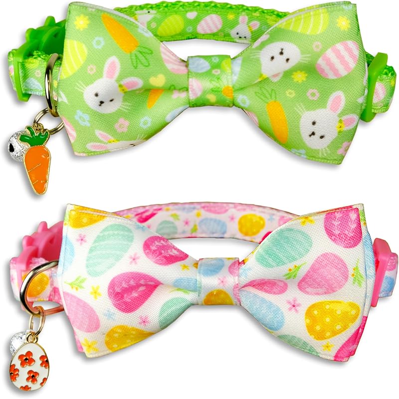 Coleira para Gatos Ajustável com Laço, Estampas de Páscoa e Pingentes Miiemiu — Pacote com 2