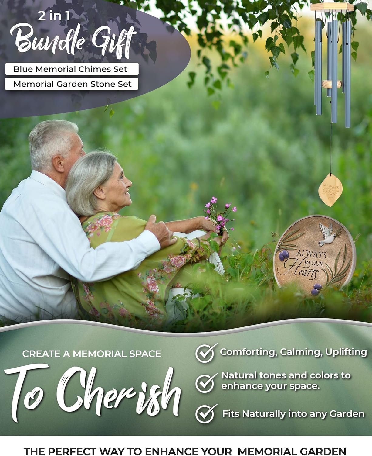 Spiritwind Bereavement Gift Ideas Bundle – 1 x Ocean Blue Memorial Wind Chimes Set and 1 x Garden Memorial Stones Set | Sympathy Wind Chimes with Memorial Plaque | Condolence, Remembrance Garden Gifts