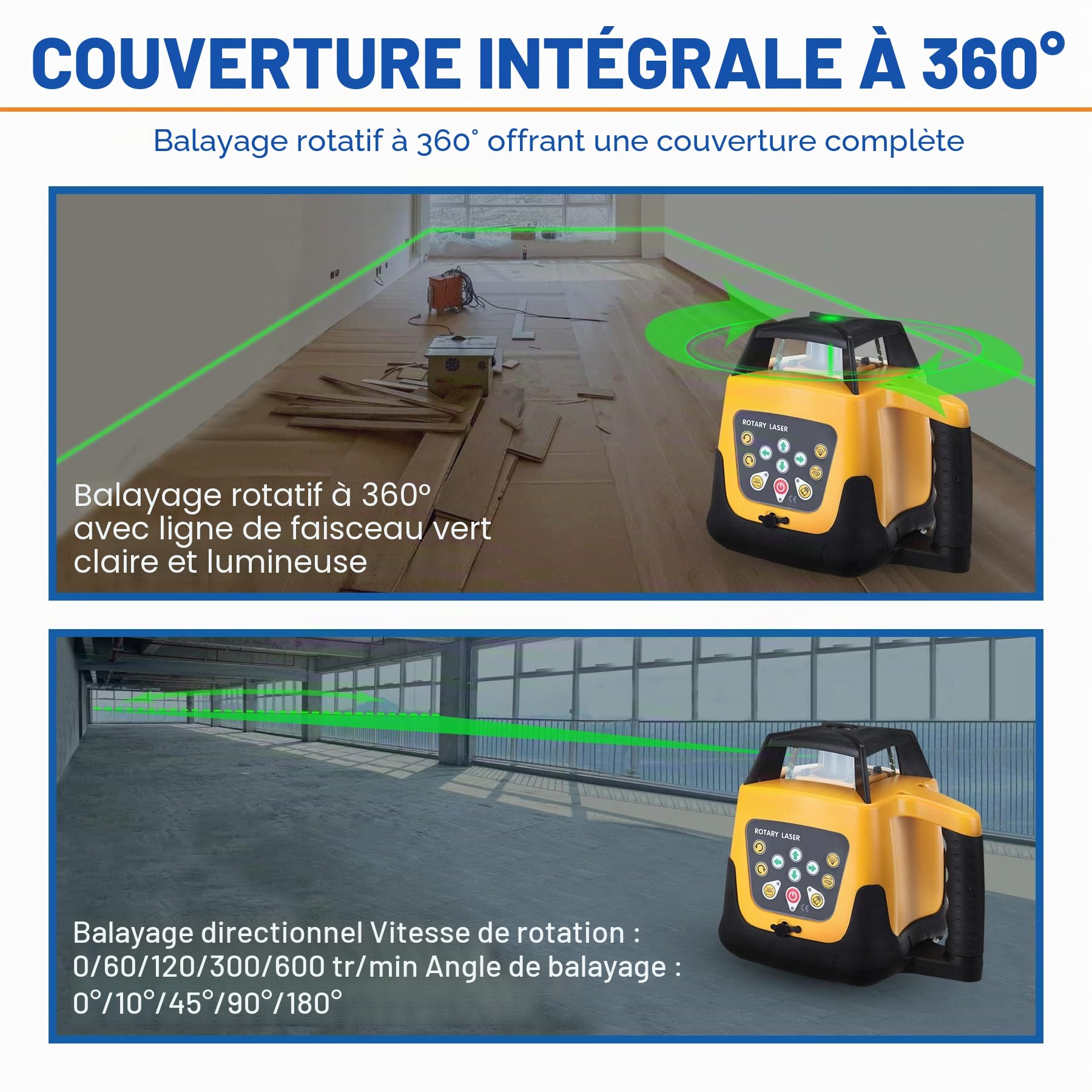 Laser Rotatif Niveau Laser Vert Autonivelant Balayage avec Trépied en aluminium, mire télescopique 5m, Rotative 360° Verticale Horizontale Auto-Alignement Travail 500 m pour Construction