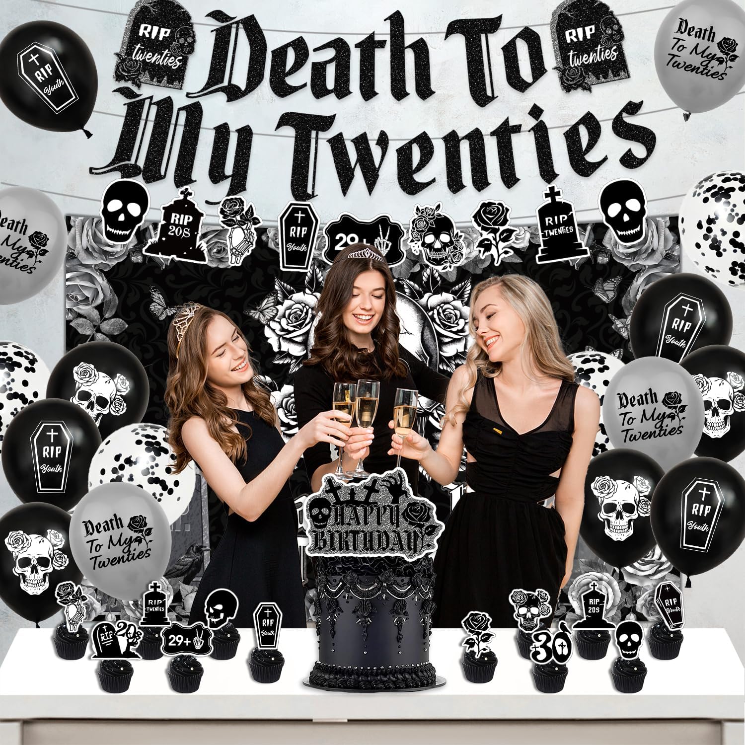 30th Birthday Decorations Pack Death to My Twenties Decorations Include Banner-Backdrop-Balloons-Cake Topper-Cupcake Toppers for Death to My 20s Decorations - Image 4