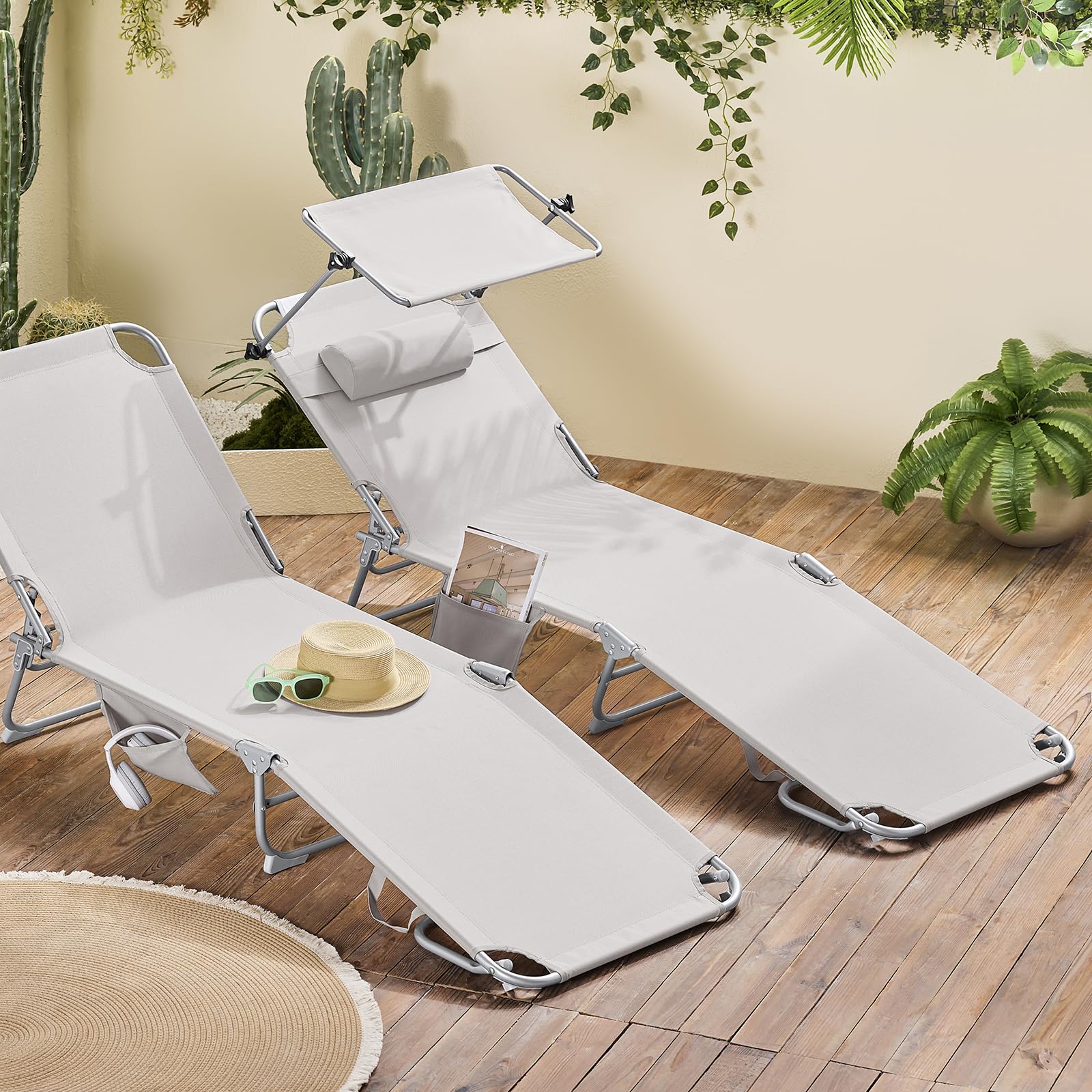 SoBuy Sdraio da Giardino Reclinabile Lettino Prendisole Pieghevole con Cuscino Tasca Laterale e Parasole Sedia Sdraio da Esterno per Patio Campeggio Spiaggia Beige 155x56x81cm OGS48-MI