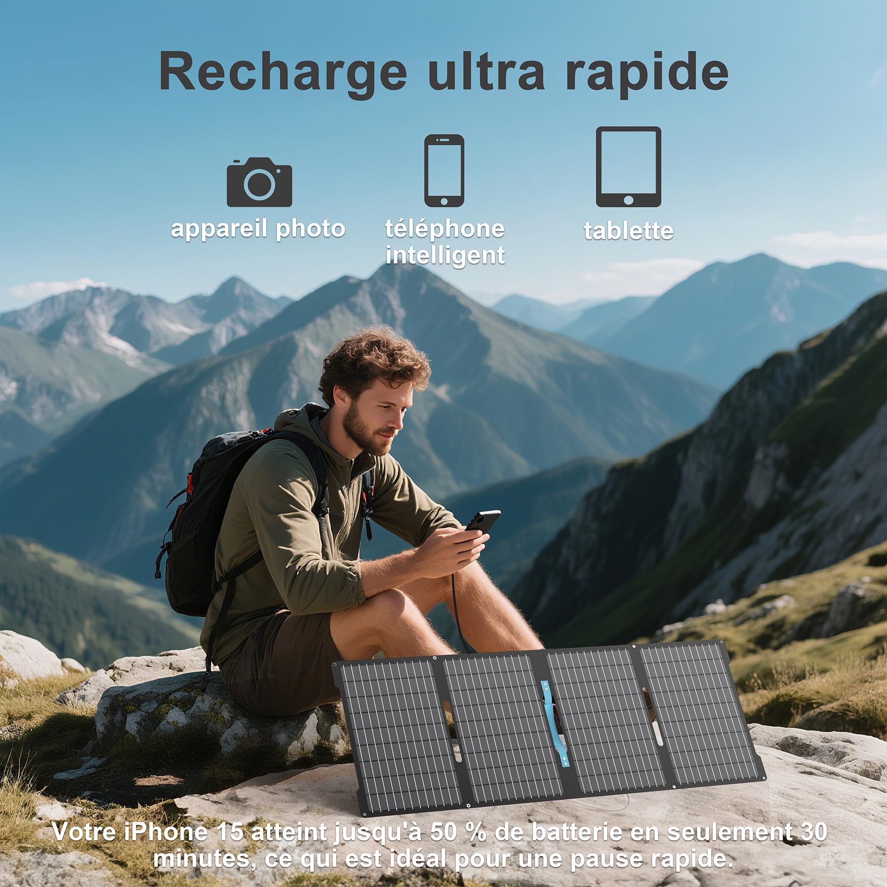 Składana ładowarka solarna 60 W, monokrystaliczna o sprawności 24%, wodoszczelność IP67, 3 wyjścia (USB-C PD, QC3.0, DC) na kemping – kompatybilna z laptopem, powerbankiem, smartfonem