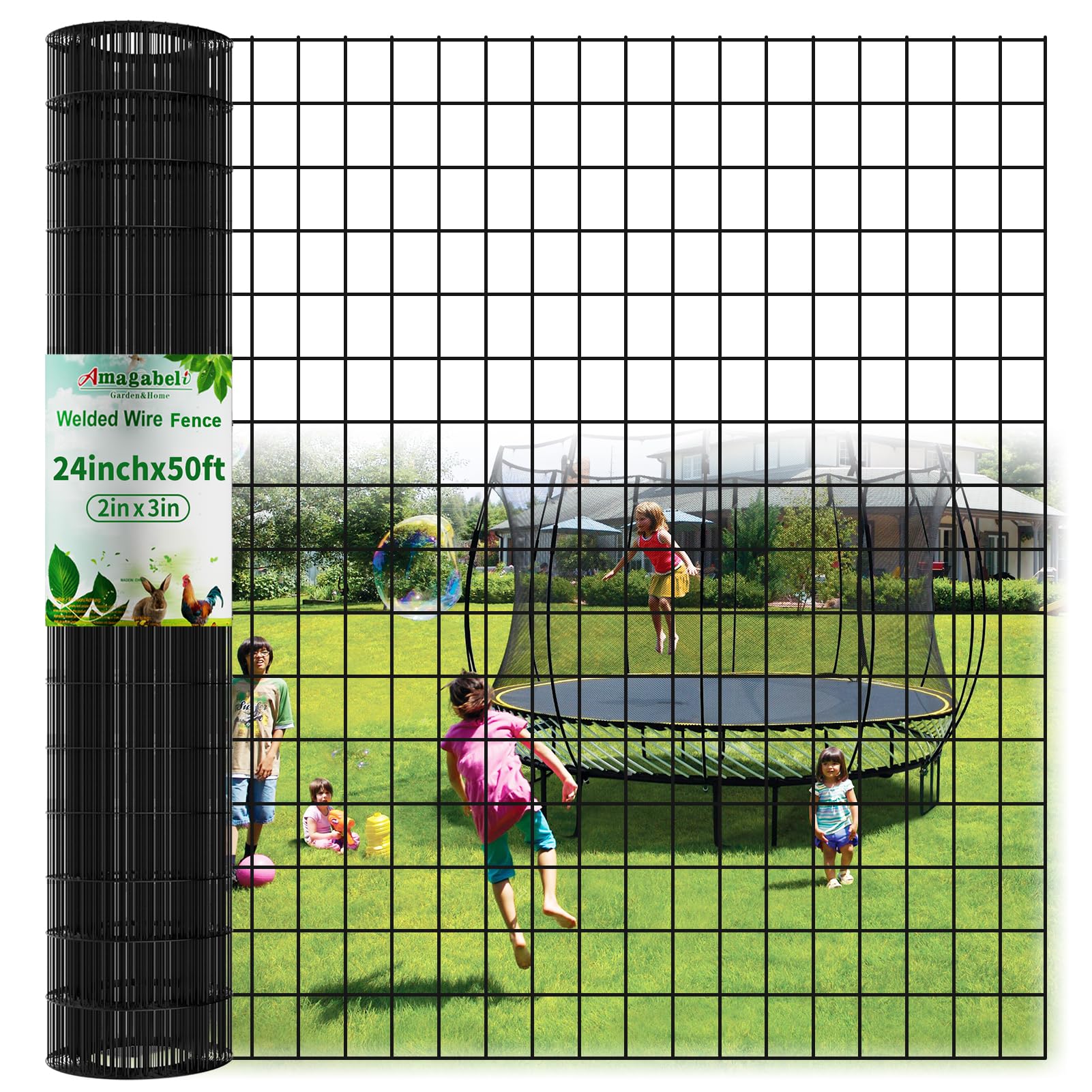 Amagabeli Black Coated Welded Wire Fence 2 inch x 3 inch 24inch x 50ft 16 Gauge Garden Fence Chicken Wire Fencing Roll PVC Vinyl Coating Metal Wire Flower Bed Dog Barrier Plant Poultry Netting Cage