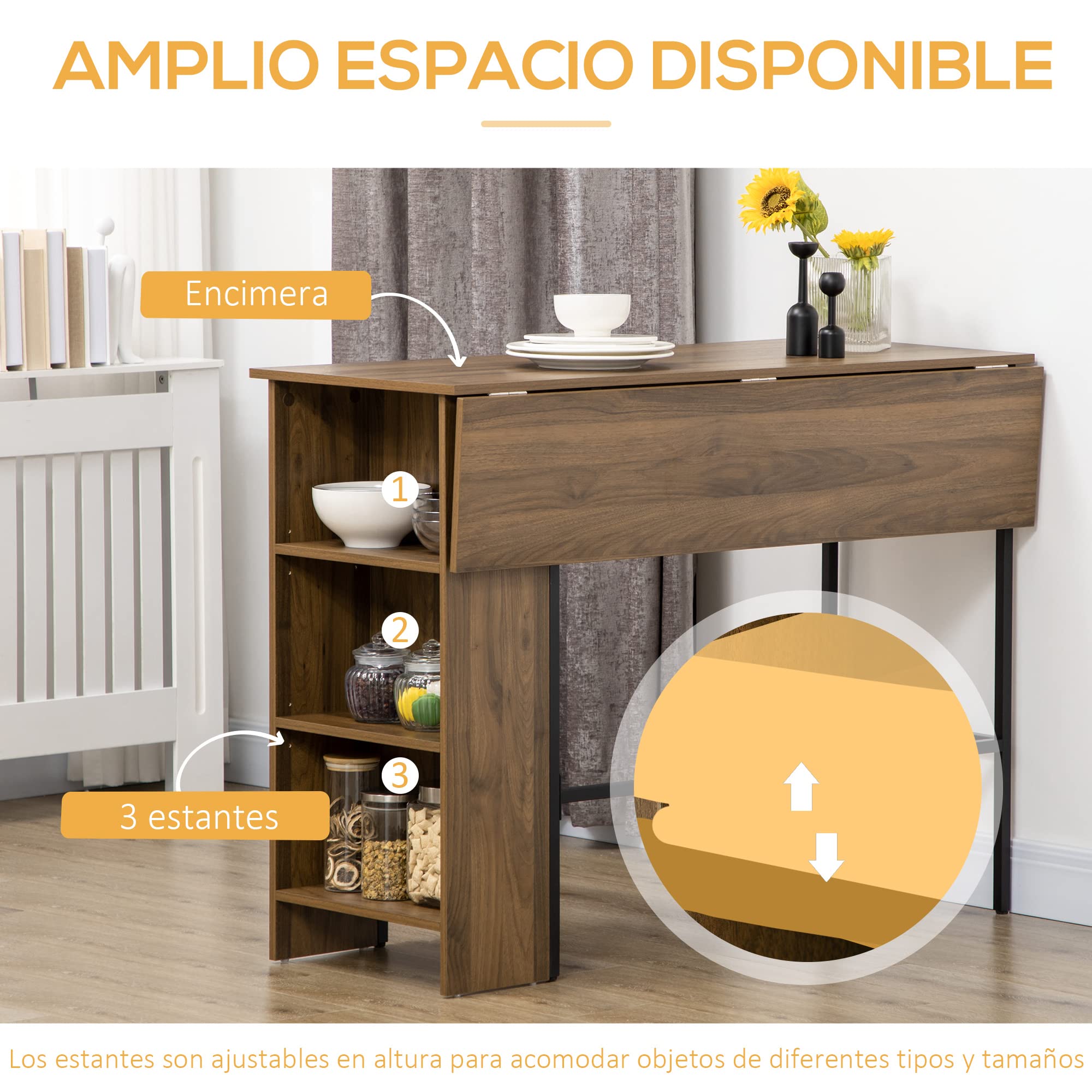 HOMCOM Mesa de Bar Extensible Mesa Alta de Bistró 120x76x91,4 cm Marrón