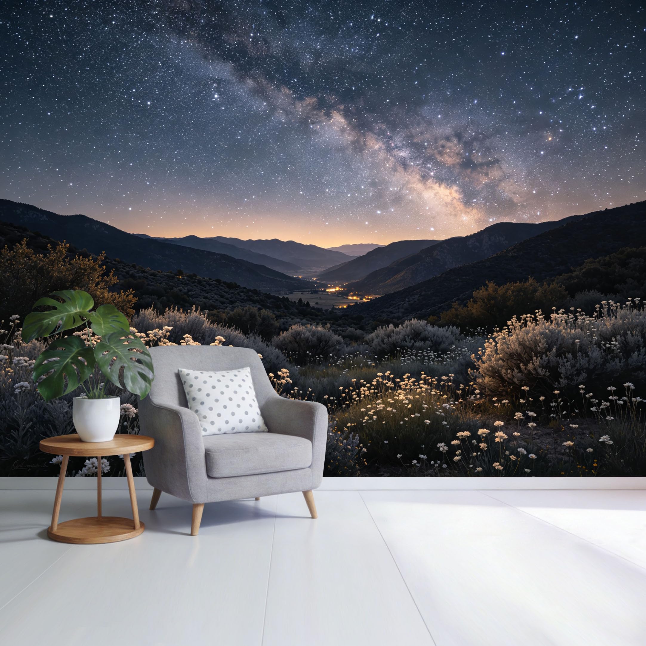 Custom Size Wall Mural Starry Night Mountain Landscape Wildflower Valley Milky Way Sky Scenic Nature View SelfAdhesive Wall Fabric Removable Wallpaper for Home Office Decor